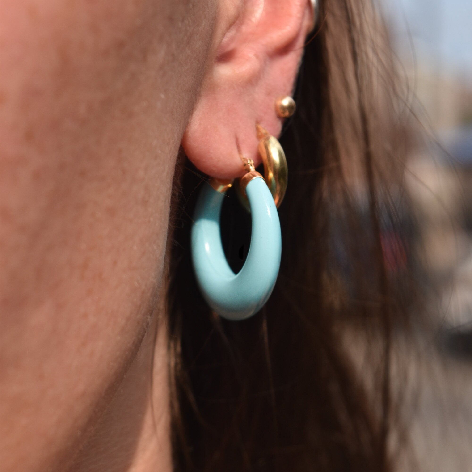 Cute 14K Simulated Turquoise Hoops, Wide-Bottom Design, Small Blue Hoop Earrings, Gift For Her, 30mm