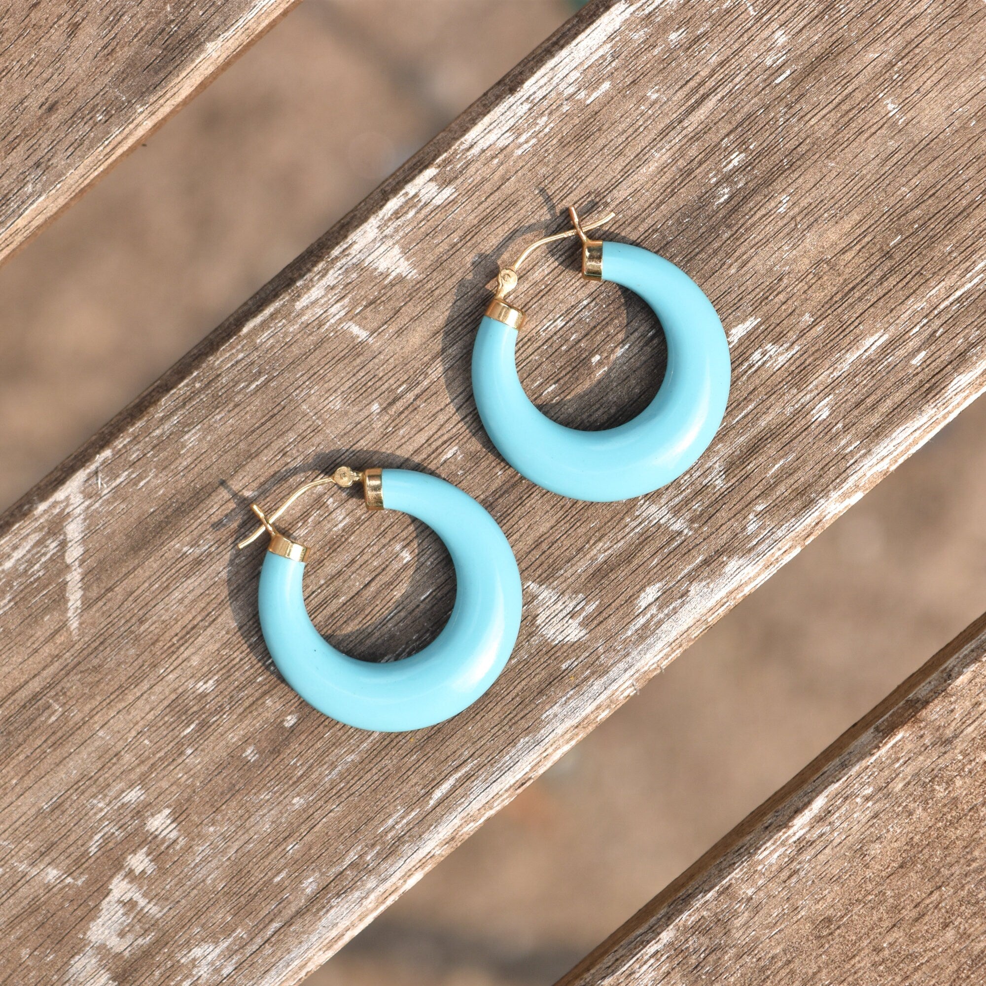 Cute 14K Simulated Turquoise Hoops, Wide-Bottom Design, Small Blue Hoop Earrings, Gift For Her, 30mm