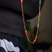 Italian 18K Coral Bead Station Necklace In Yellow Gold, Long Elegant Opera Necklace, 35 3/4" L