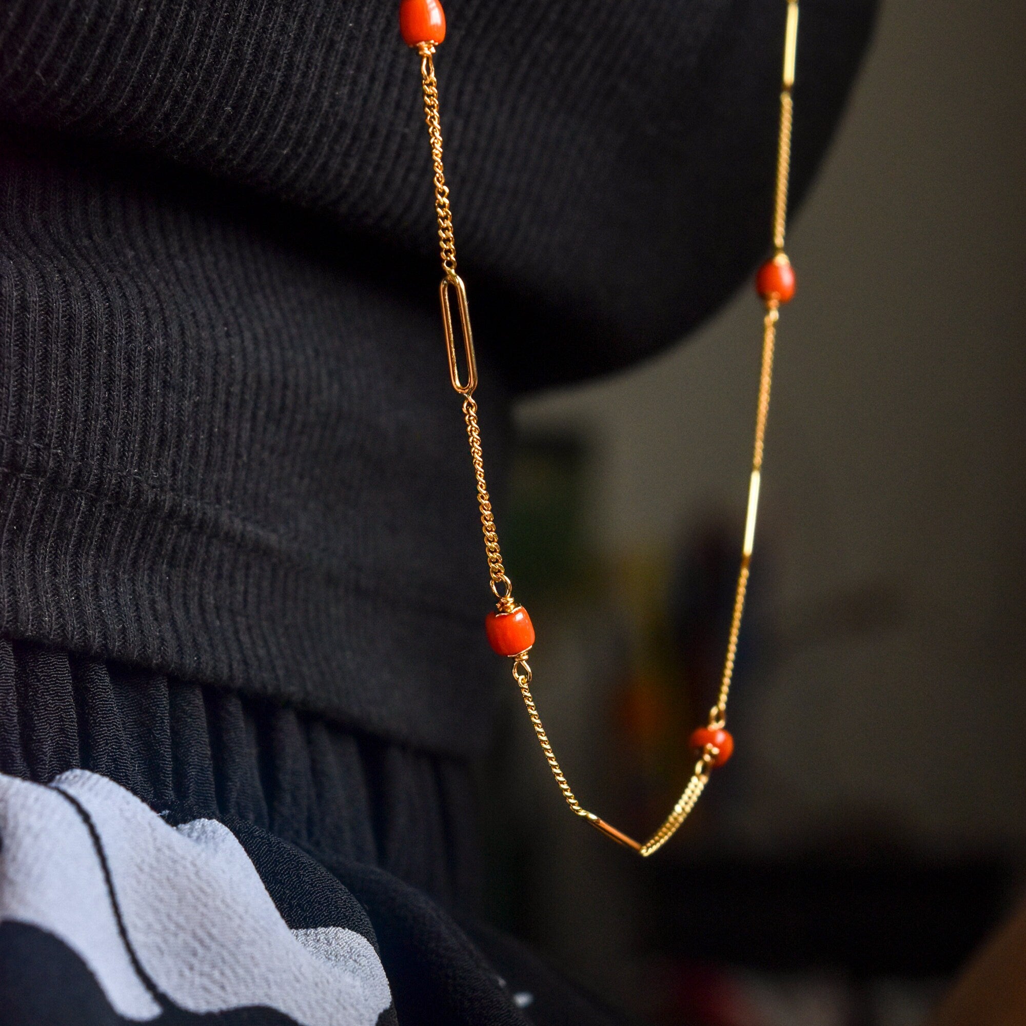 Italian 18K Coral Bead Station Necklace In Yellow Gold, Long Elegant Opera Necklace, 35 3/4" L