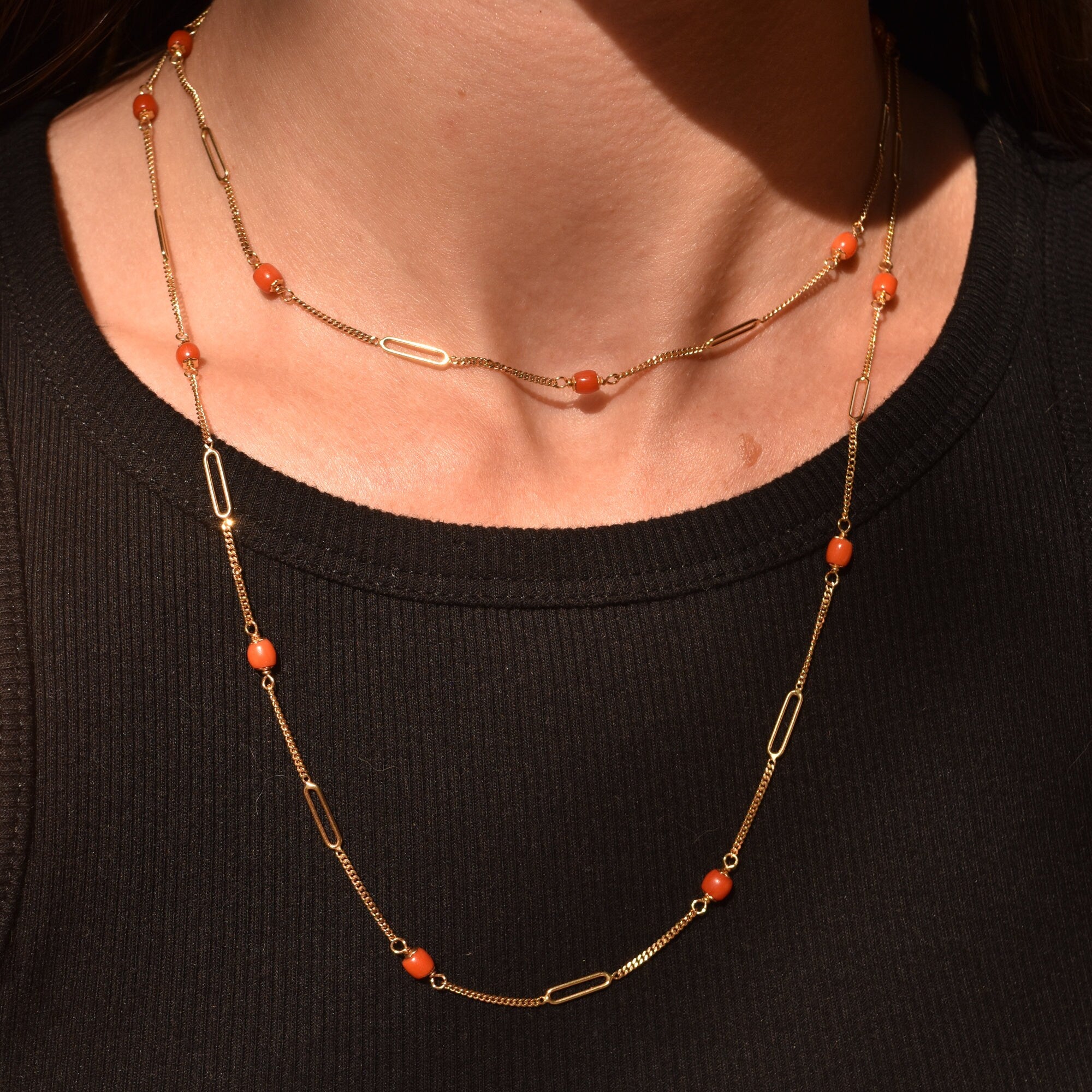 Italian 18K Coral Bead Station Necklace In Yellow Gold, Long Elegant Opera Necklace, 35 3/4" L