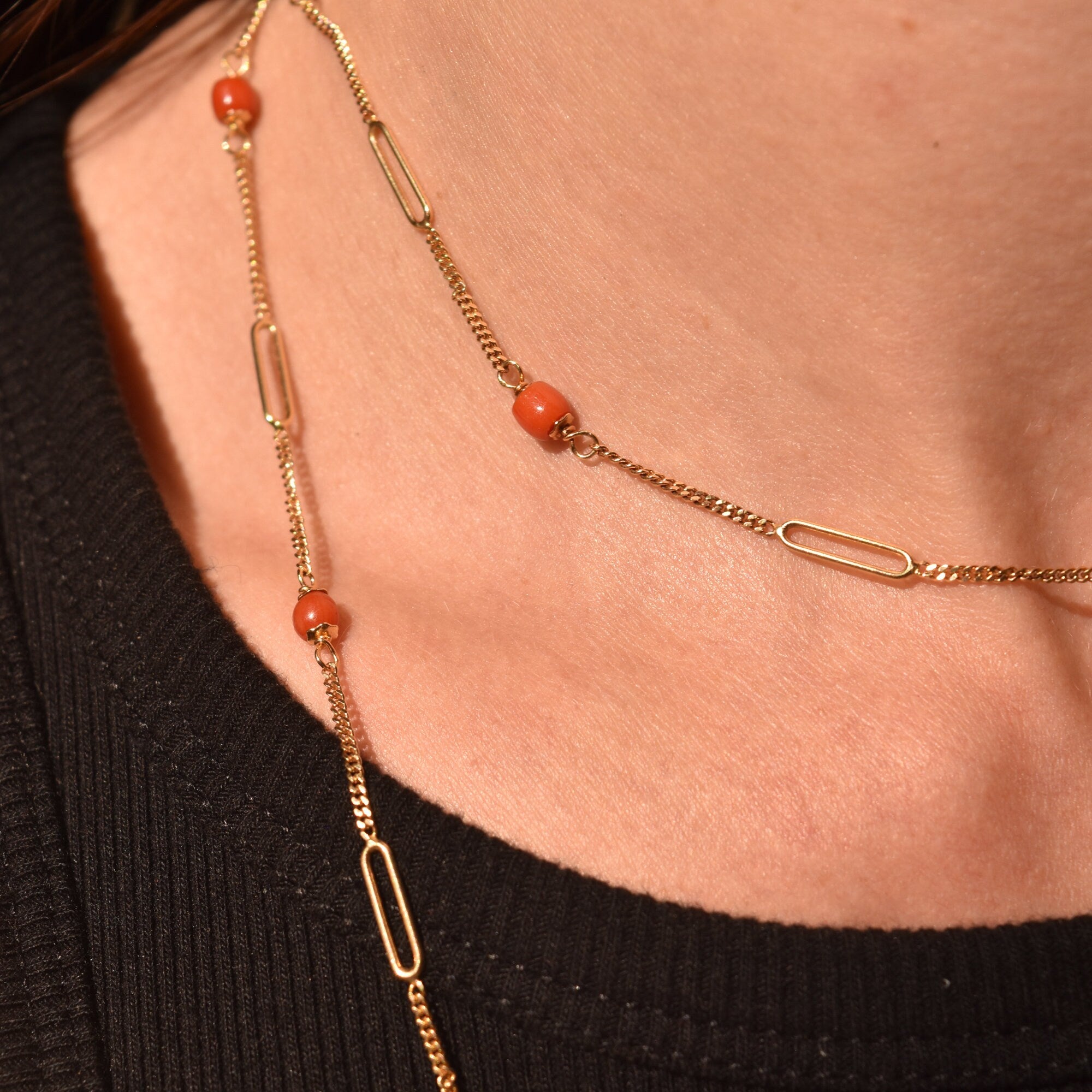 Italian 18K Coral Bead Station Necklace In Yellow Gold, Long Elegant Opera Necklace, 35 3/4" L