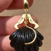 Andrew Clunn 18K Diamond Onyx Shell Dangle Brooch, Hammered Yellow Gold Bar Pin W/ Removable Pendant, 6cm
