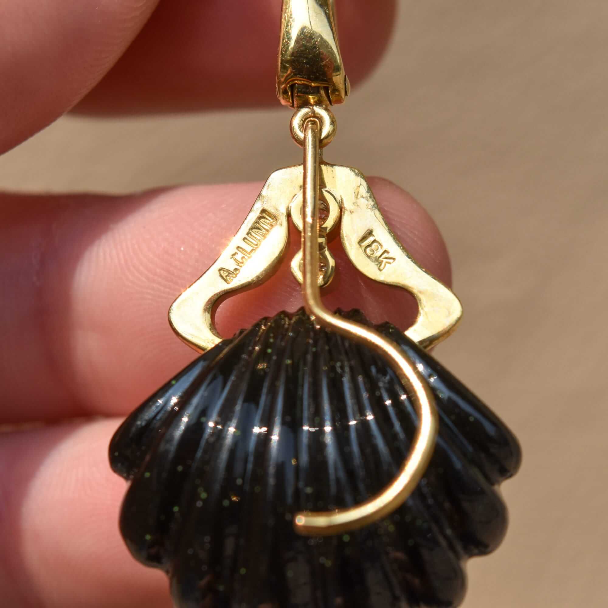 Andrew Clunn 18K Diamond Onyx Shell Dangle Brooch, Hammered Yellow Gold Bar Pin W/ Removable Pendant, 6cm