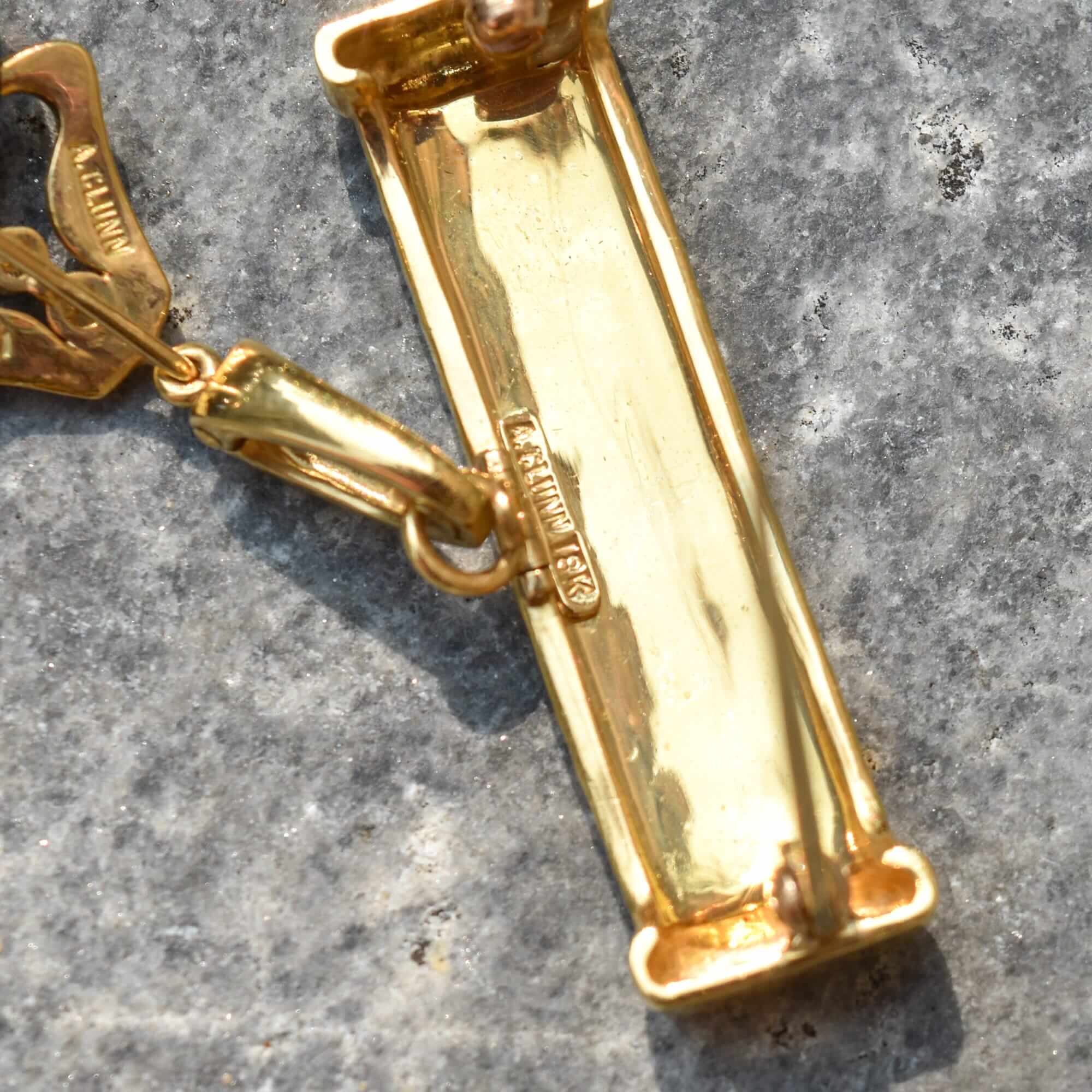 Andrew Clunn 18K Diamond Onyx Shell Dangle Brooch, Hammered Yellow Gold Bar Pin W/ Removable Pendant, 6cm