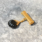 Andrew Clunn 18K Diamond Onyx Shell Dangle Brooch, Hammered Yellow Gold Bar Pin W/ Removable Pendant, 6cm