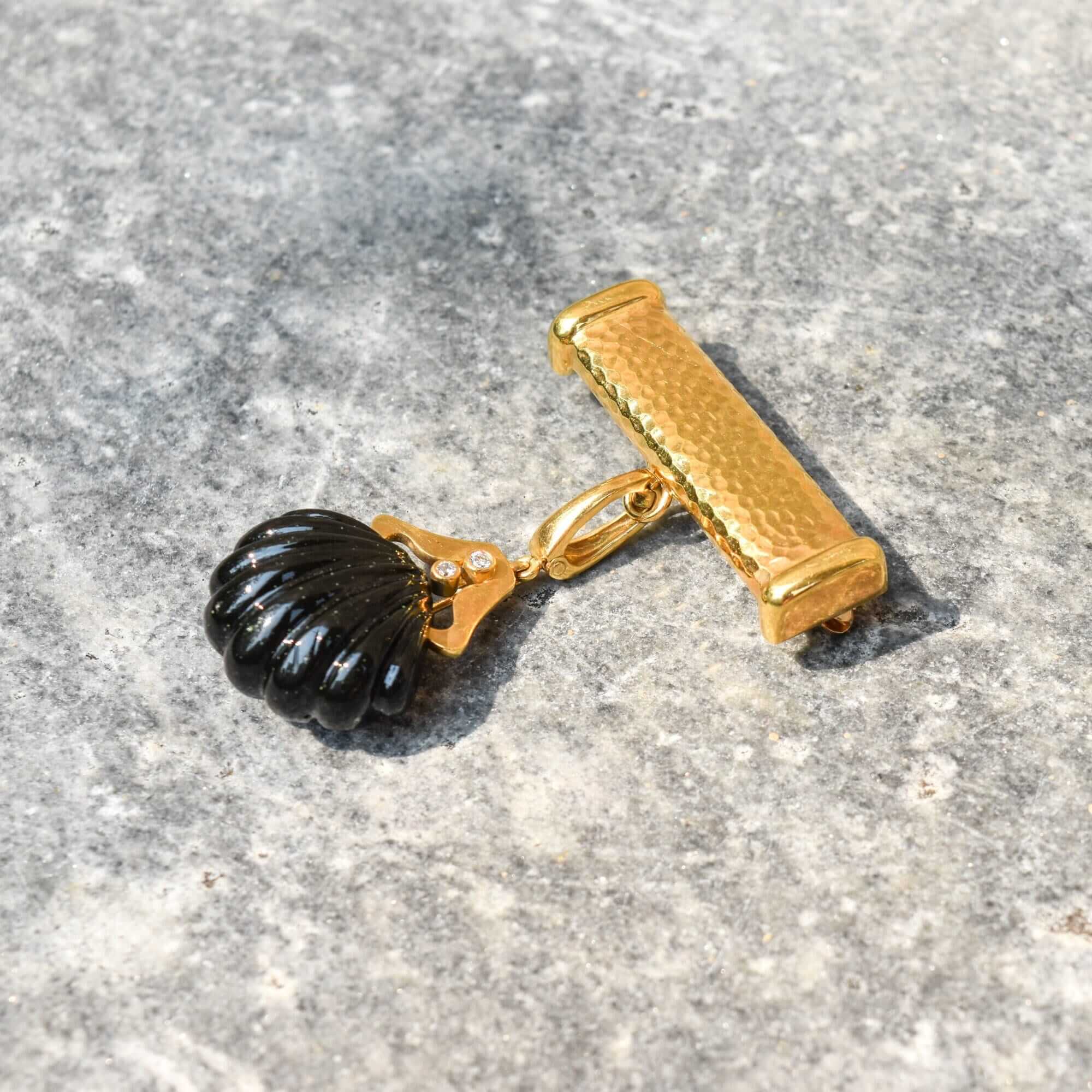 Andrew Clunn 18K Diamond Onyx Shell Dangle Brooch, Hammered Yellow Gold Bar Pin W/ Removable Pendant, 6cm