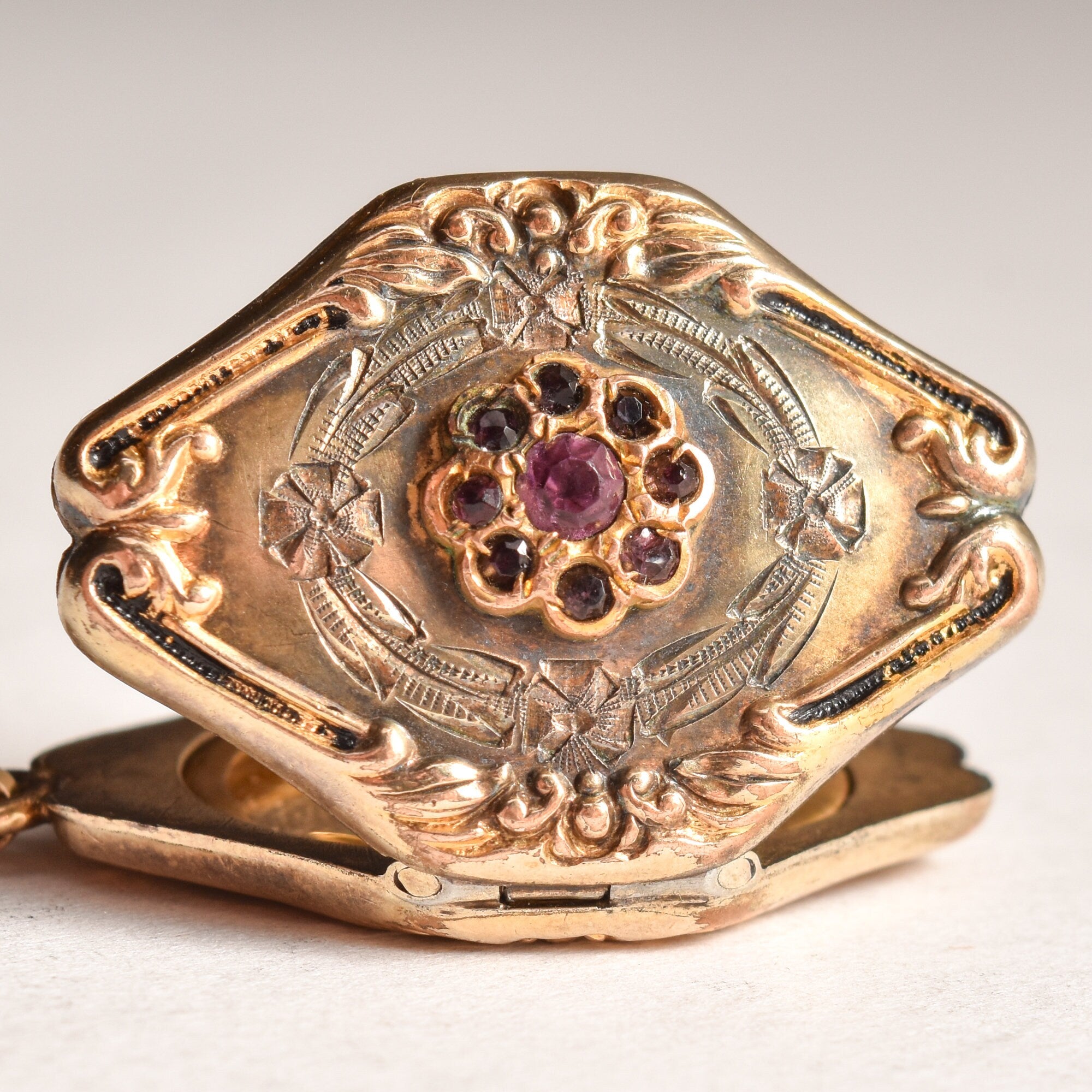 Antique GF Locket W/ Gemstone Flower Cluster, Gold Repousse Pendant, Etched Floral Motifs, Victorian Jewelry, 37mm