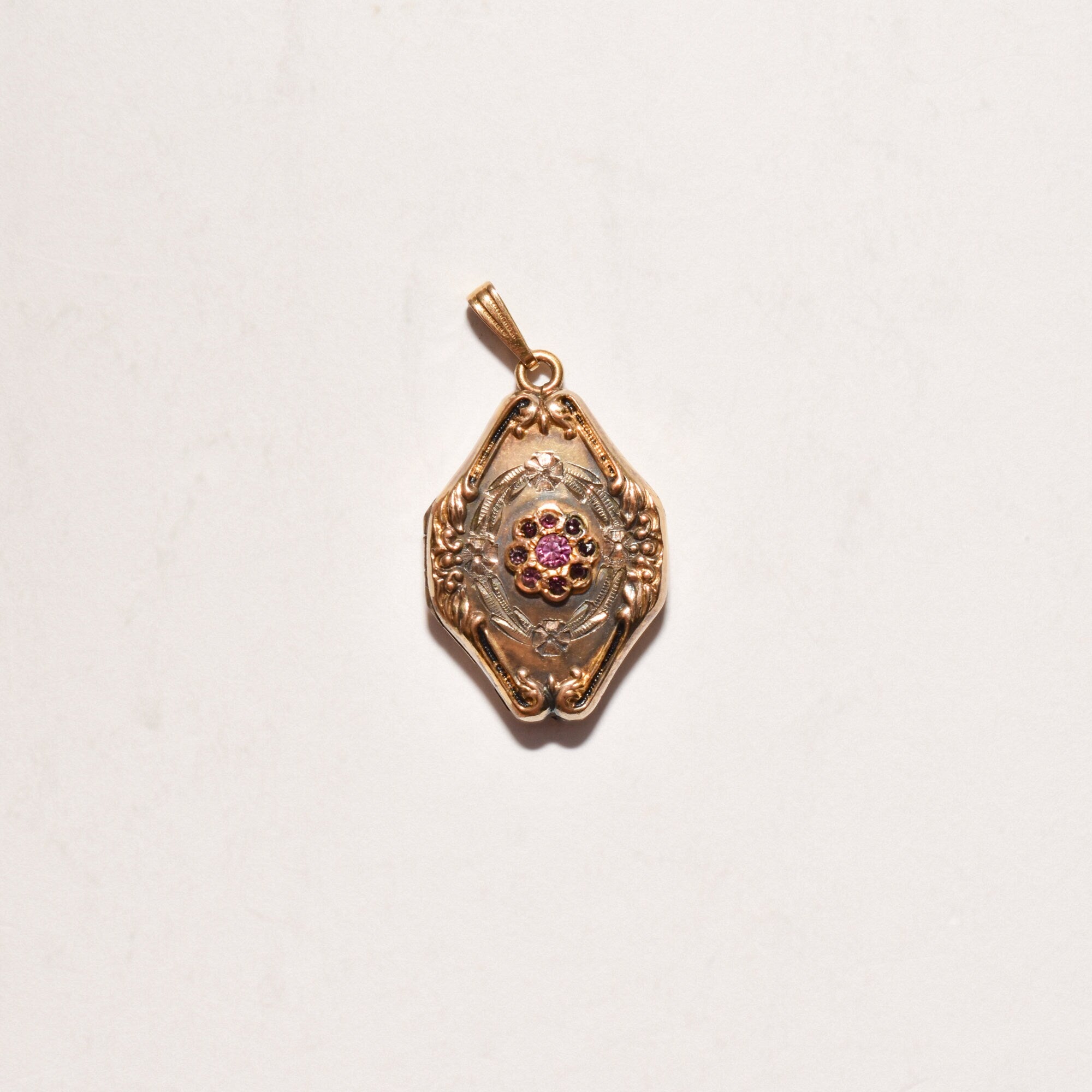 Antique GF Locket W/ Gemstone Flower Cluster, Gold Repousse Pendant, Etched Floral Motifs, Victorian Jewelry, 37mm