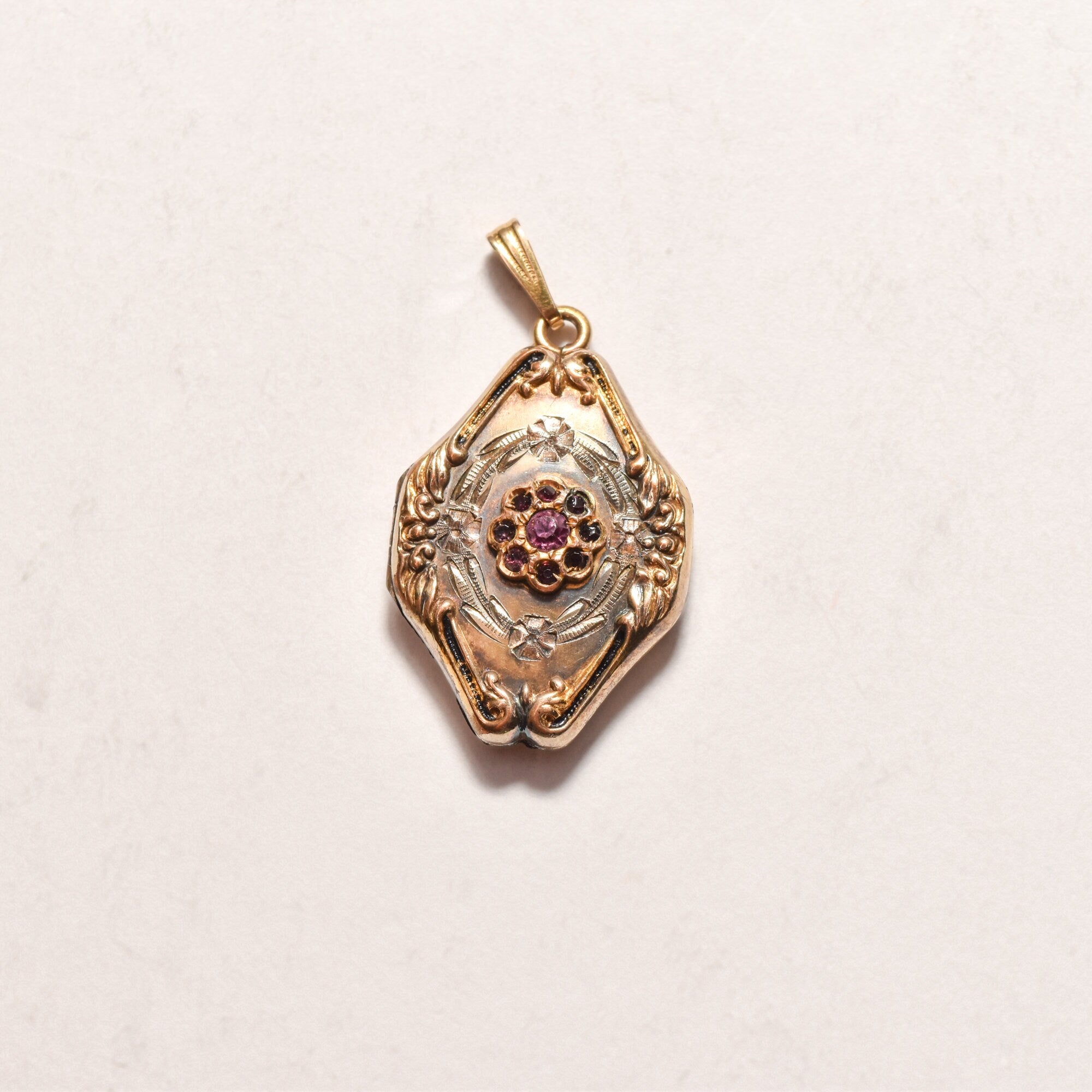 Antique GF Locket W/ Gemstone Flower Cluster, Gold Repousse Pendant, Etched Floral Motifs, Victorian Jewelry, 37mm