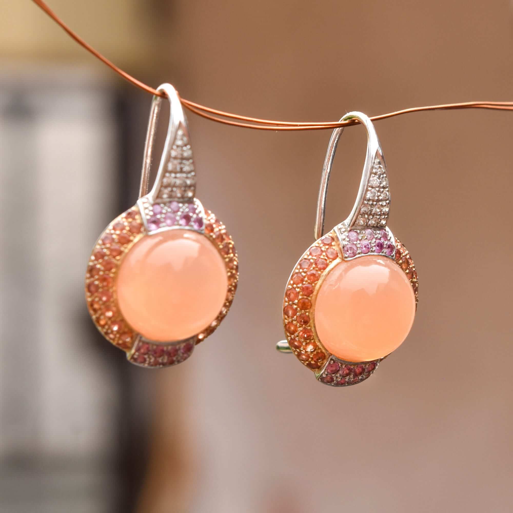 18K Two-Tone Peach Moonstone Lever Back Earrings with Pink Sapphires and Diamonds