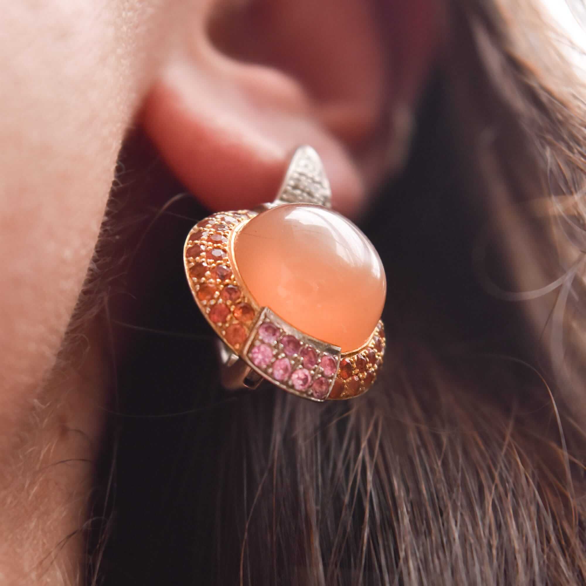 18K Two-Tone Peach Moonstone Lever Back Earrings with Pink Sapphires and Diamonds