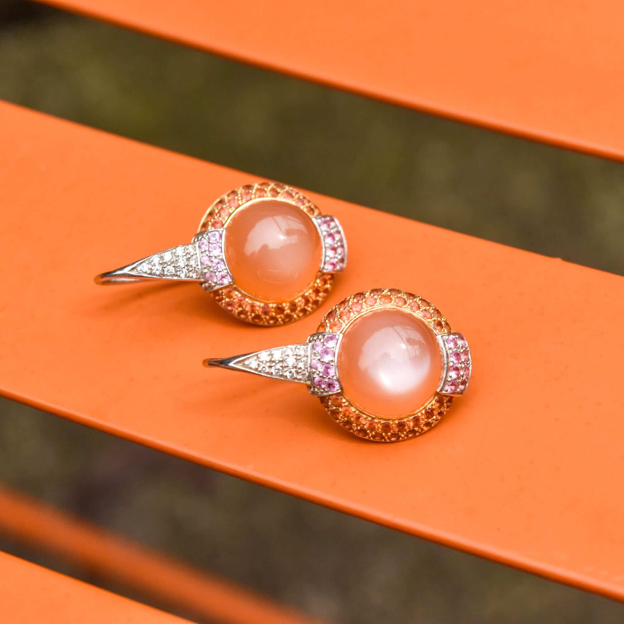 18K Two-Tone Peach Moonstone Lever Back Earrings with Pink Sapphires and Diamonds