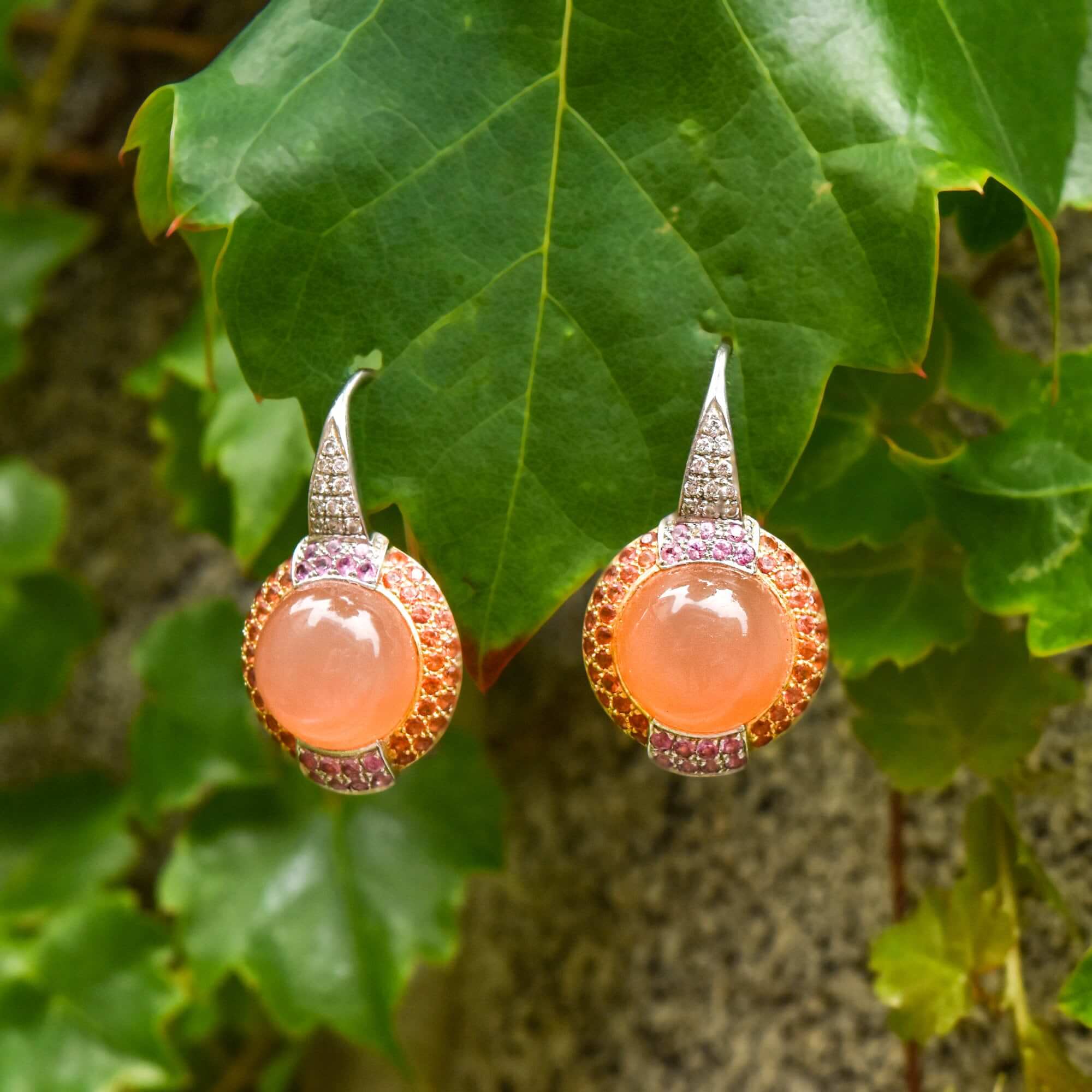 18K Two-Tone Peach Moonstone Lever Back Earrings with Pink Sapphires and Diamonds