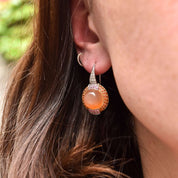18K Two-Tone Peach Moonstone Lever Back Earrings with Pink Sapphires and Diamonds
