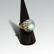 Turquoise Cabochon Enamel Bombe Ring In 14K Yellow Gold, Blue Scale Design, Estate Jewelry, 6 1/2 US