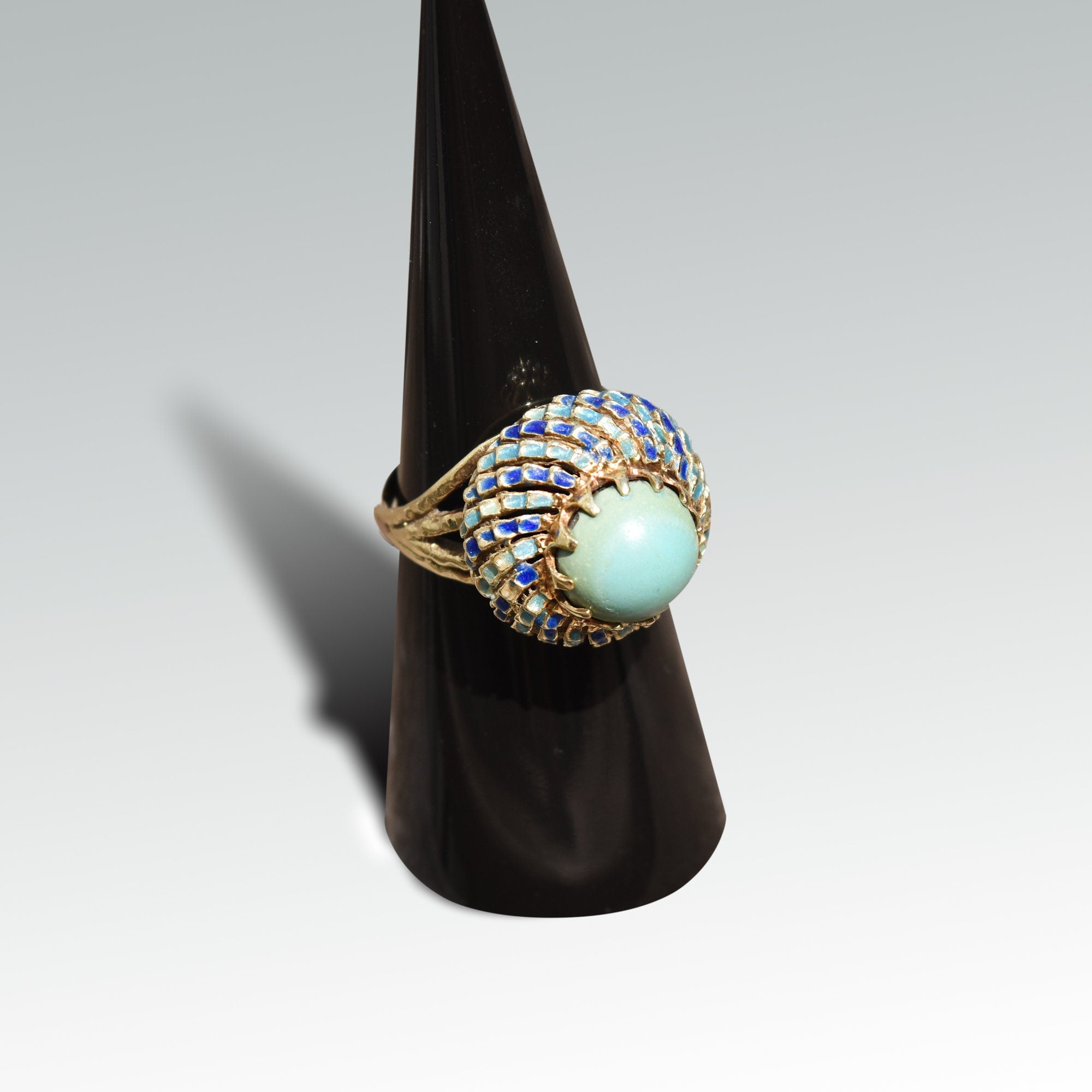 Turquoise Cabochon Enamel Bombe Ring In 14K Yellow Gold, Blue Scale Design, Estate Jewelry, 6 1/2 US