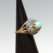 Turquoise Cabochon Enamel Bombe Ring In 14K Yellow Gold, Blue Scale Design, Estate Jewelry, 6 1/2 US