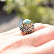 Turquoise Cabochon Enamel Bombe Ring In 14K Yellow Gold, Blue Scale Design, Estate Jewelry, 6 1/2 US