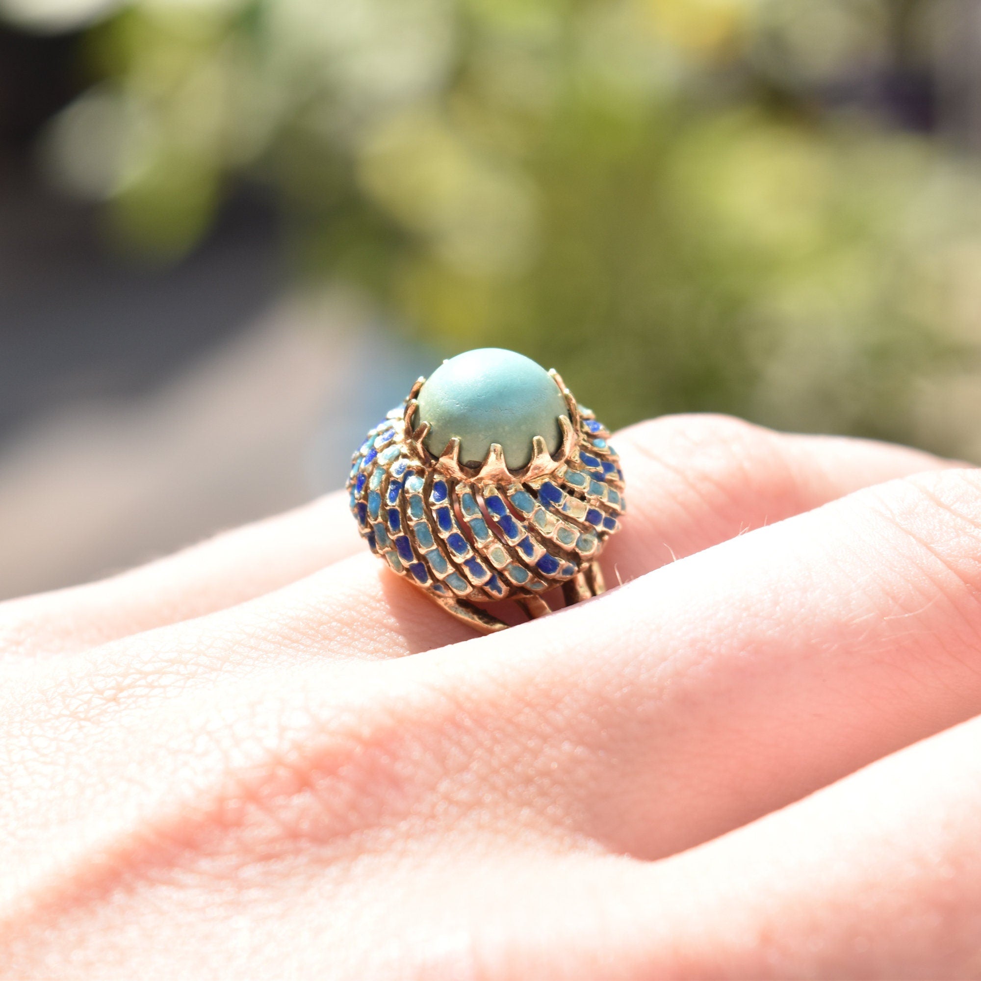 Turquoise Cabochon Enamel Bombe Ring In 14K Yellow Gold, Blue Scale Design, Estate Jewelry, 6 1/2 US