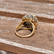 Turquoise Cabochon Enamel Bombe Ring In 14K Yellow Gold, Blue Scale Design, Estate Jewelry, 6 1/2 US