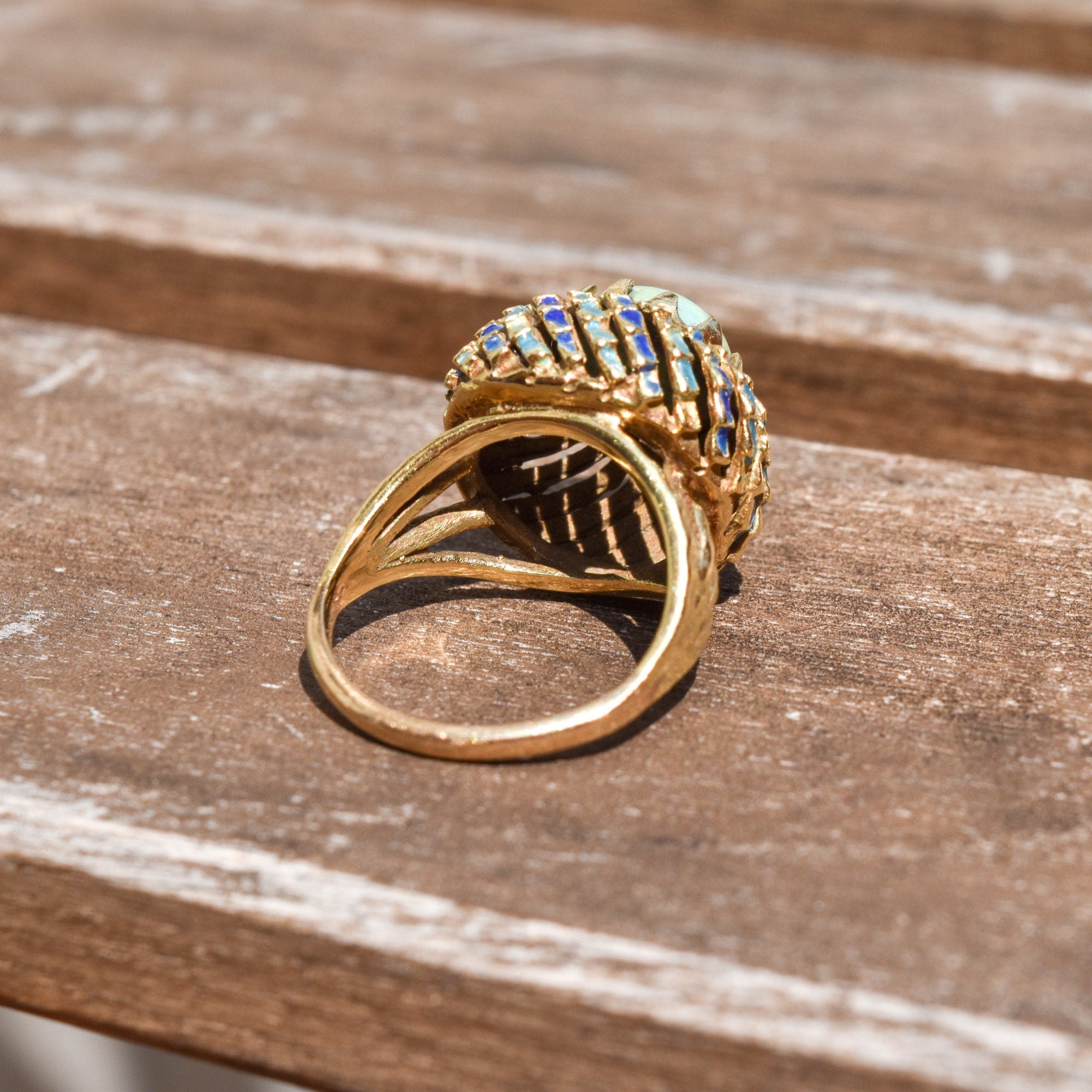 Turquoise Cabochon Enamel Bombe Ring In 14K Yellow Gold, Blue Scale Design, Estate Jewelry, 6 1/2 US