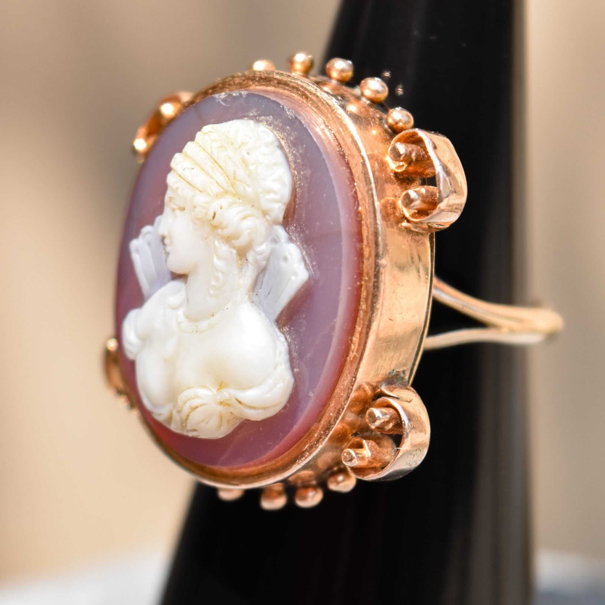 Large 14K Hardstone Cameo Ring In Rose Gold, Ornate Scroll Motifs, Estate Jewelry, Size 7 1/2 US