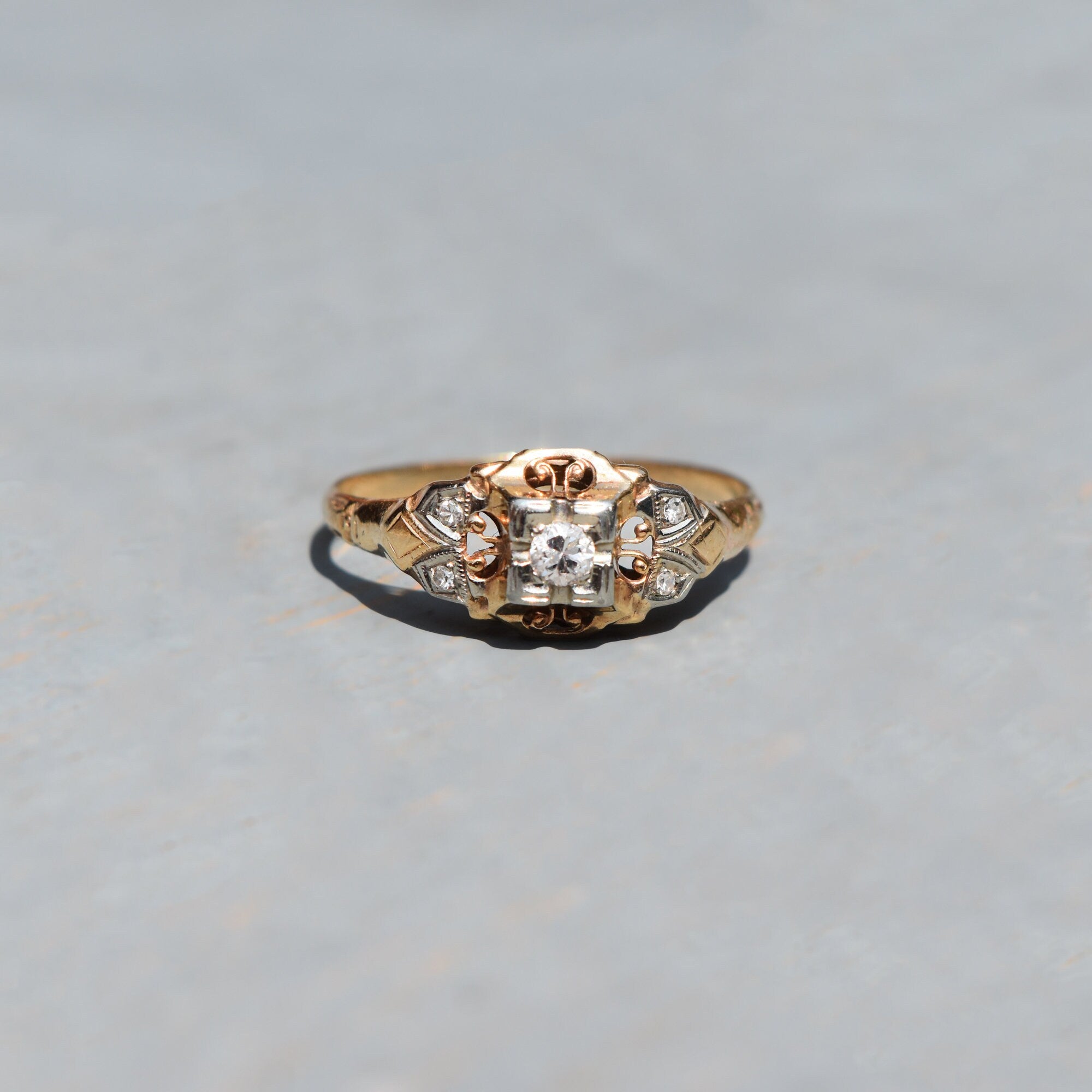 Art Deco 14K Two-Tone Diamond Engagement Ring, Scroll Motifs, Unisex Gold Ring, Estate Jewelry, , 7 1/2 US