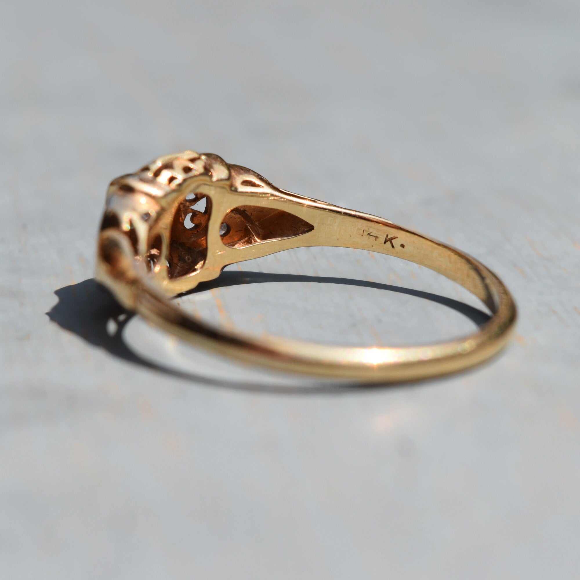 Art Deco 14K Two-Tone Diamond Engagement Ring, Scroll Motifs, Unisex Gold Ring, Estate Jewelry, , 7 1/2 US