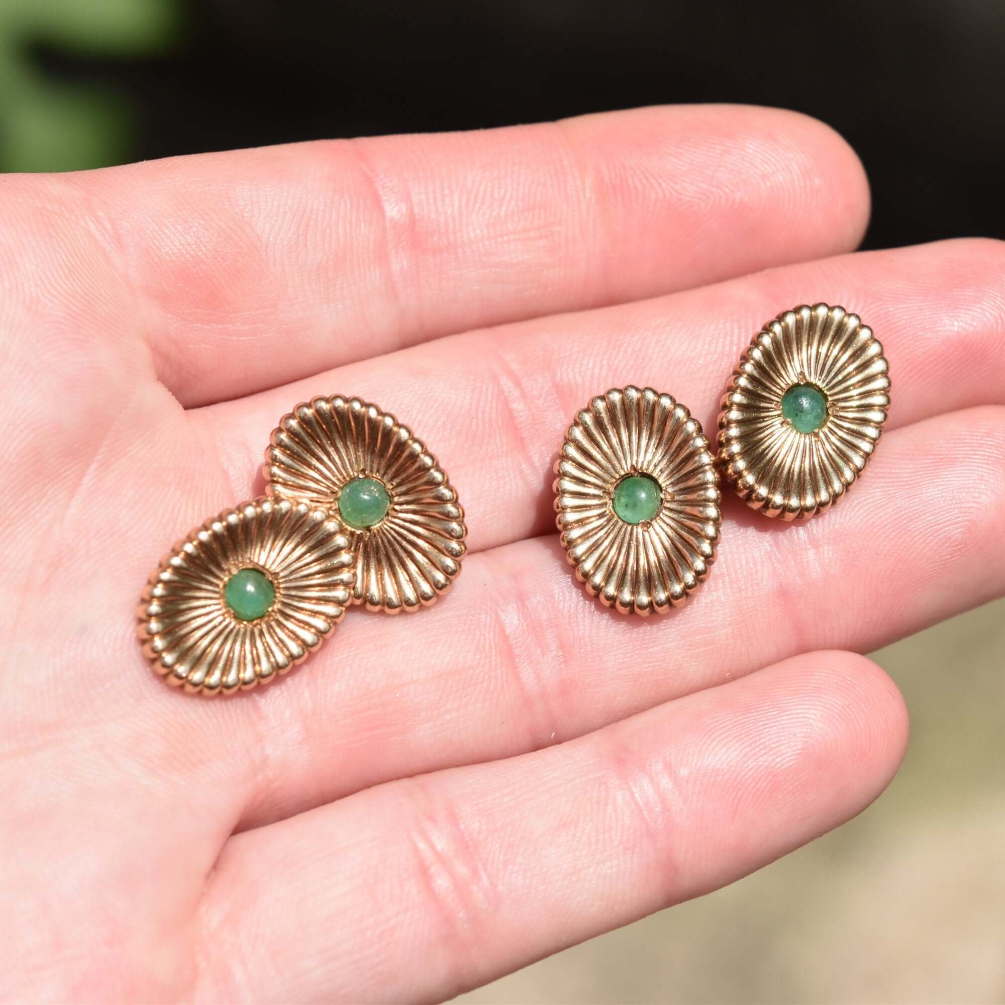 Estate 14K Yellow Gold Green Cabochon Cufflinks, Handmade Chain Link Cufflinks, Vintage Men's Jewelry