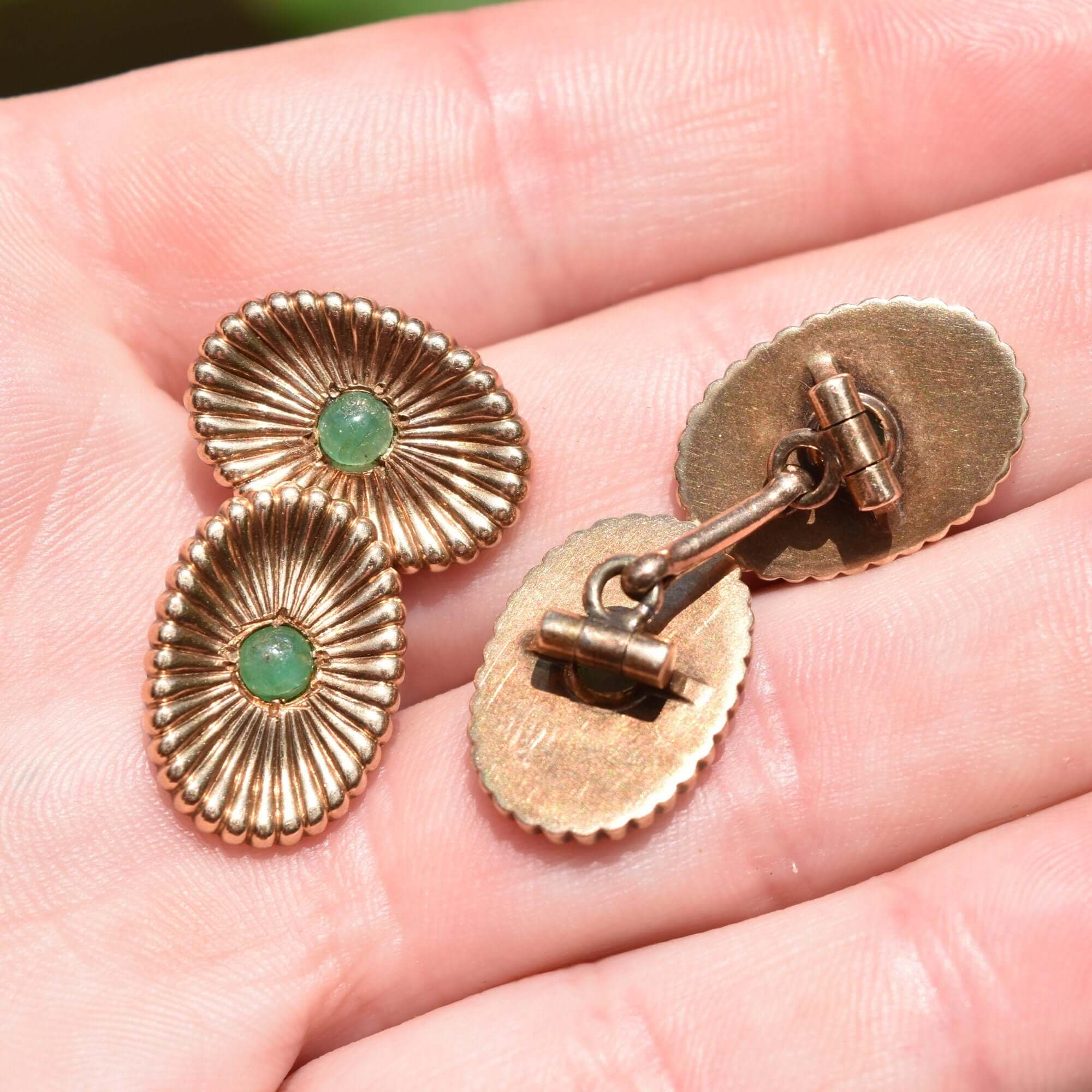 Estate 14K Yellow Gold Green Cabochon Cufflinks, Handmade Chain Link Cufflinks, Vintage Men's Jewelry