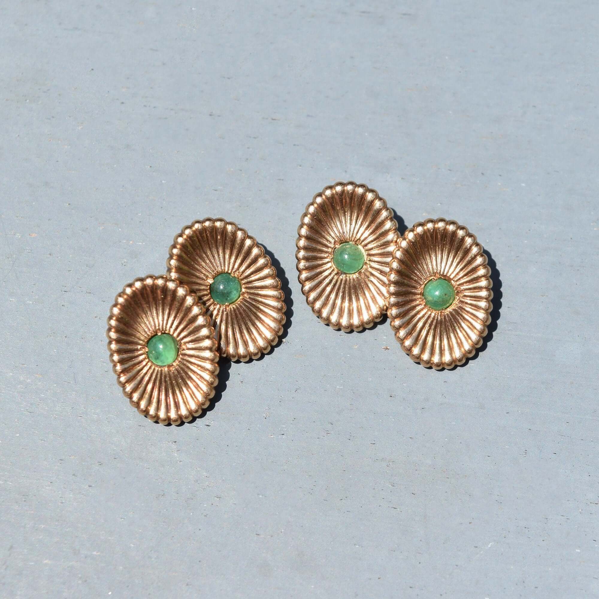 Estate 14K Yellow Gold Green Cabochon Cufflinks, Handmade Chain Link Cufflinks, Vintage Men's Jewelry