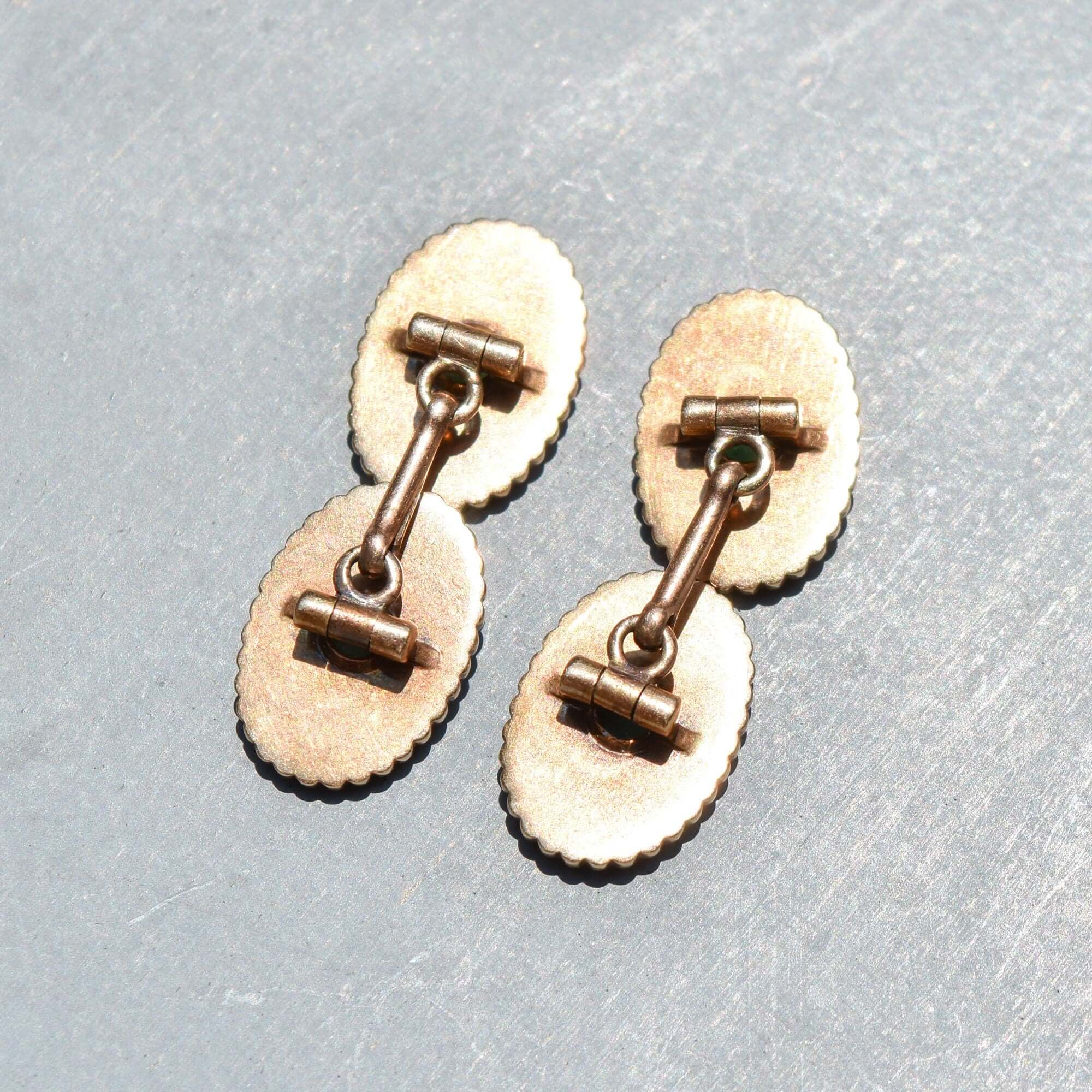 Estate 14K Yellow Gold Green Cabochon Cufflinks, Handmade Chain Link Cufflinks, Vintage Men's Jewelry