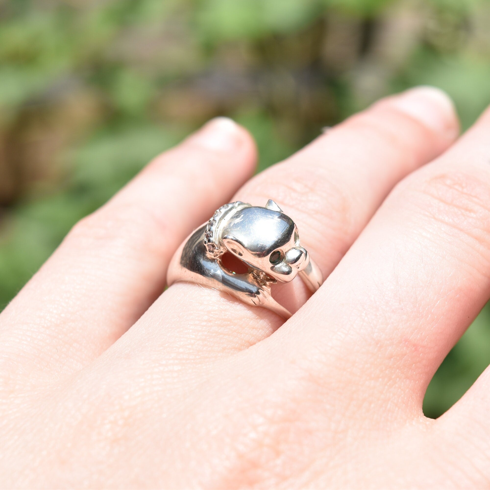 Sterling Silver Emerald Eyed Panther Ring W/ Diamond Collar, '925 NV', Vintage Jewelry, Size 7 US