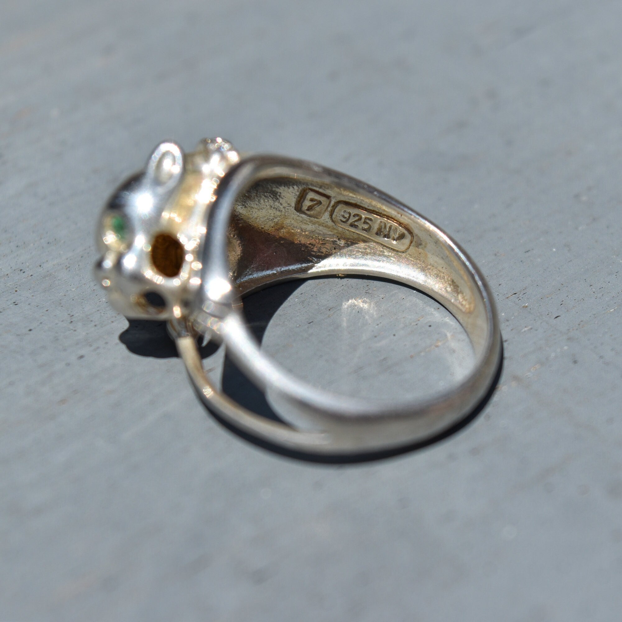 Sterling Silver Emerald Eyed Panther Ring W/ Diamond Collar, '925 NV', Vintage Jewelry, Size 7 US