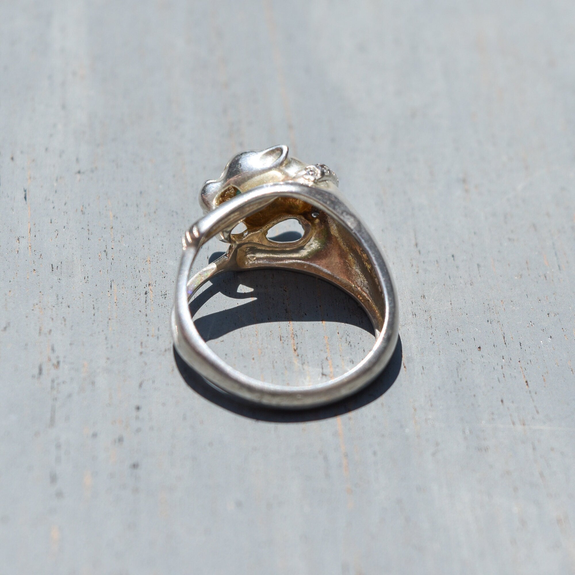 Sterling Silver Emerald Eyed Panther Ring W/ Diamond Collar, '925 NV', Vintage Jewelry, Size 7 US