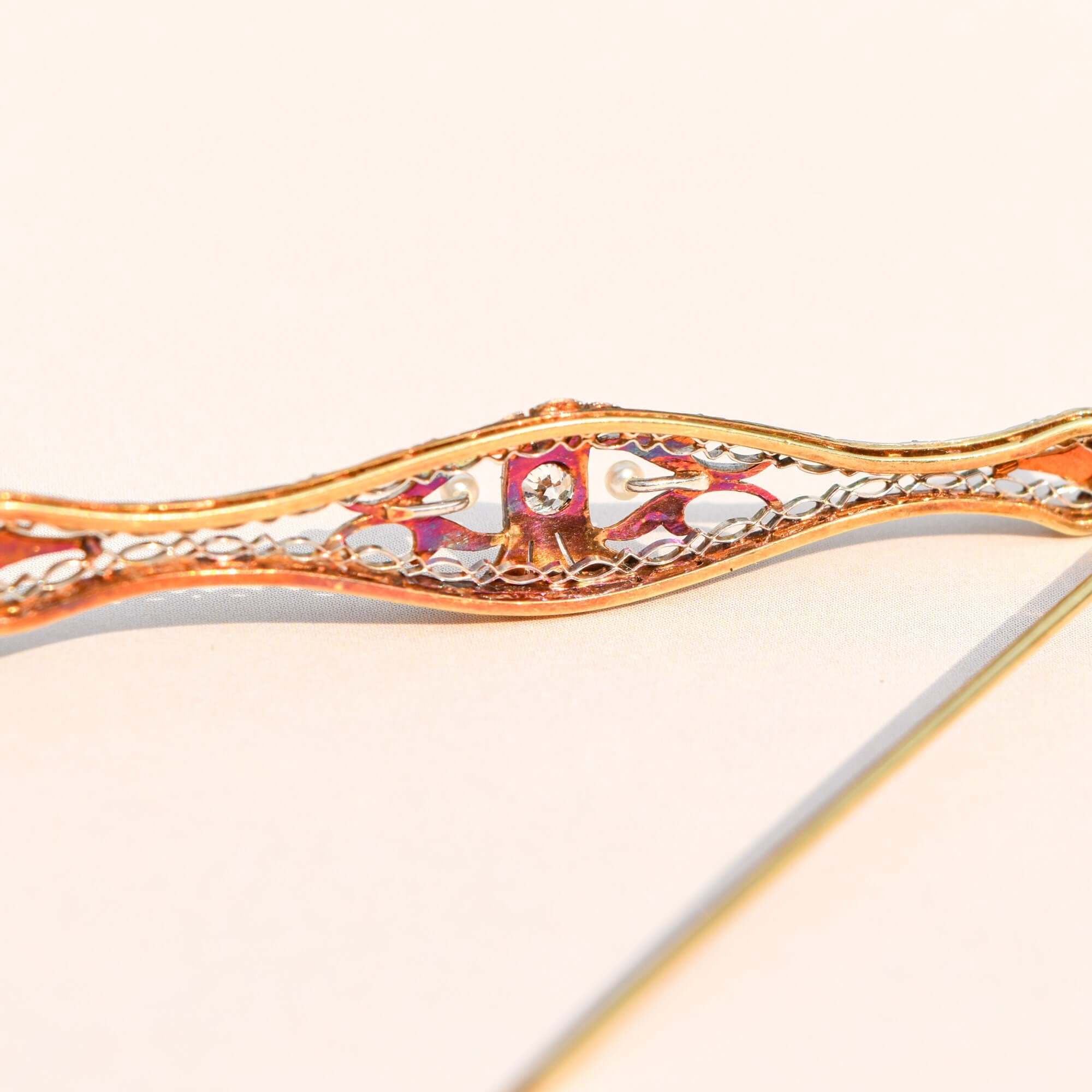 Edwardian 14K Platinum Filigree Diamond Seed Pearl Bar Pin, OEC Diamond, Estate Jewelry, 61mm