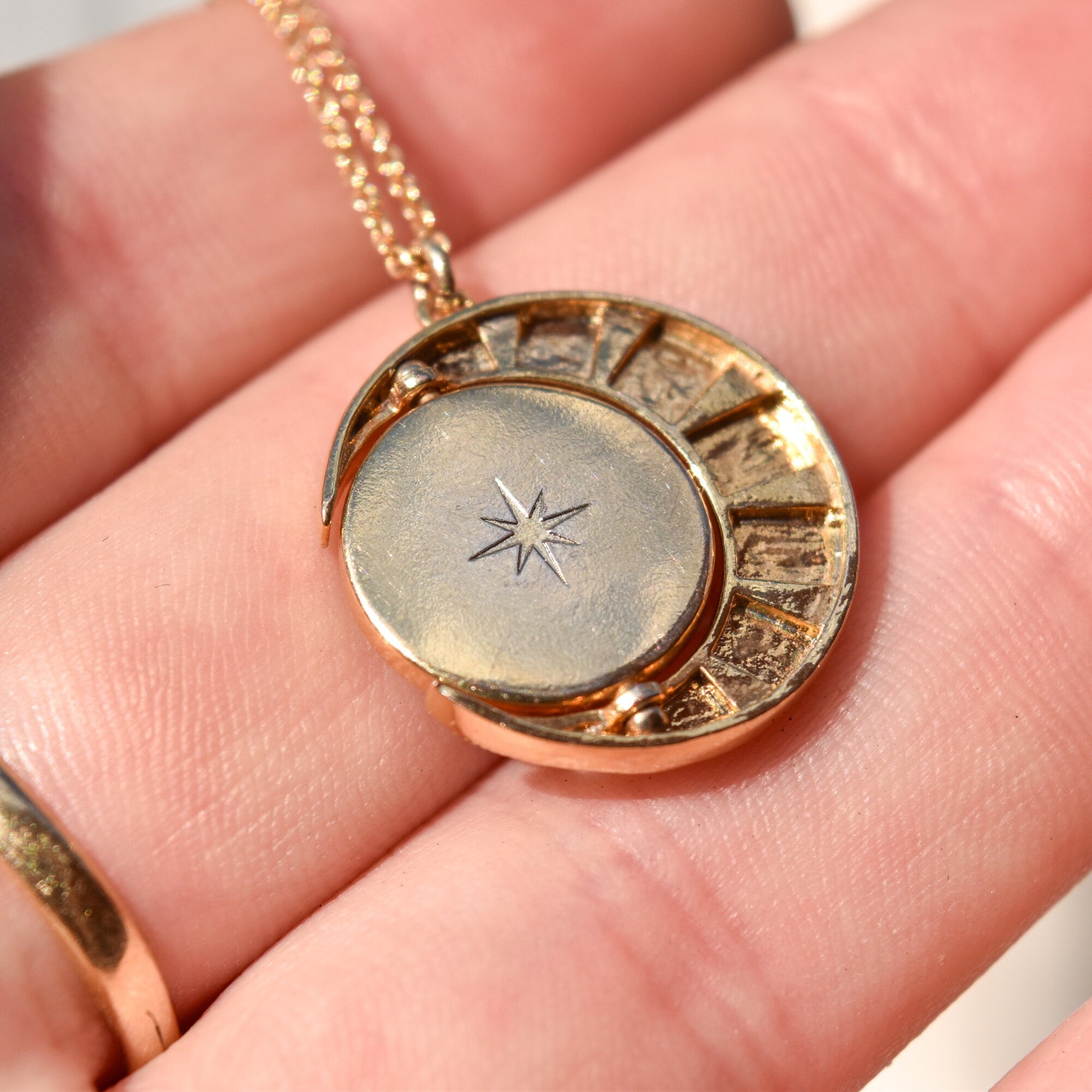 Mother Of Pearl Crescent Moon Pendant Necklace, Reversible Swivel Disc, CZ Diamonds, Gold-Plated Brass, 18" L