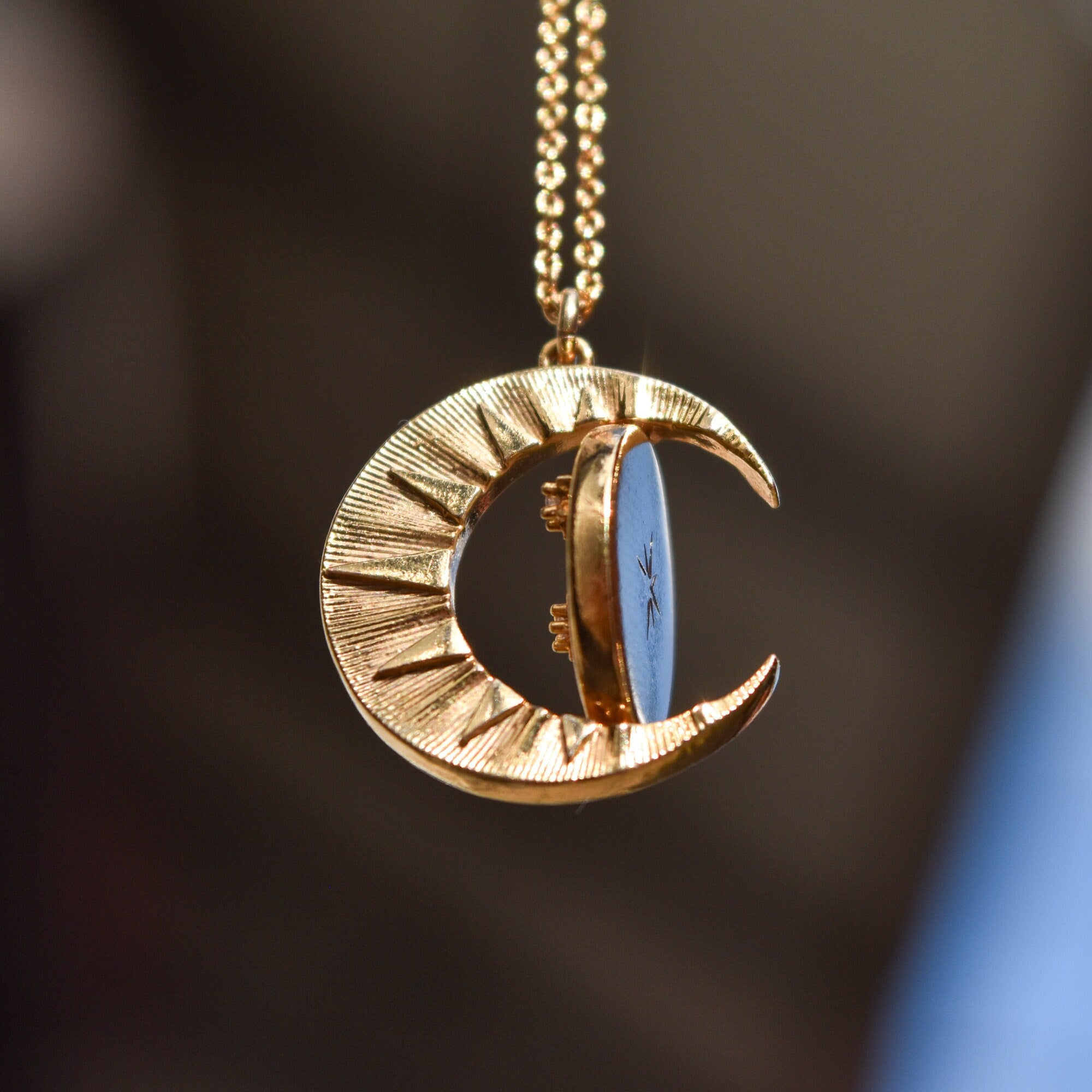 Mother Of Pearl Crescent Moon Pendant Necklace, Reversible Swivel Disc, CZ Diamonds, Gold-Plated Brass, 18" L