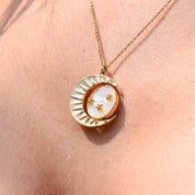 Mother Of Pearl Crescent Moon Pendant Necklace, Reversible Swivel Disc, CZ Diamonds, Gold-Plated Brass, 18" L