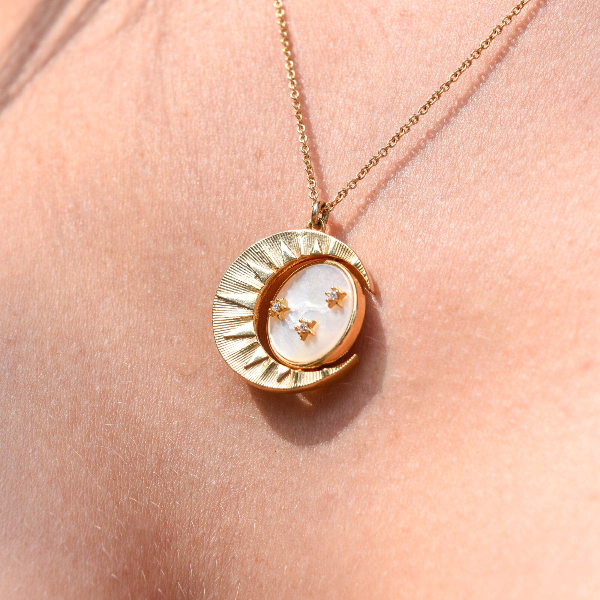Mother Of Pearl Crescent Moon Pendant Necklace, Reversible Swivel Disc, CZ Diamonds, Gold-Plated Brass, 18" L