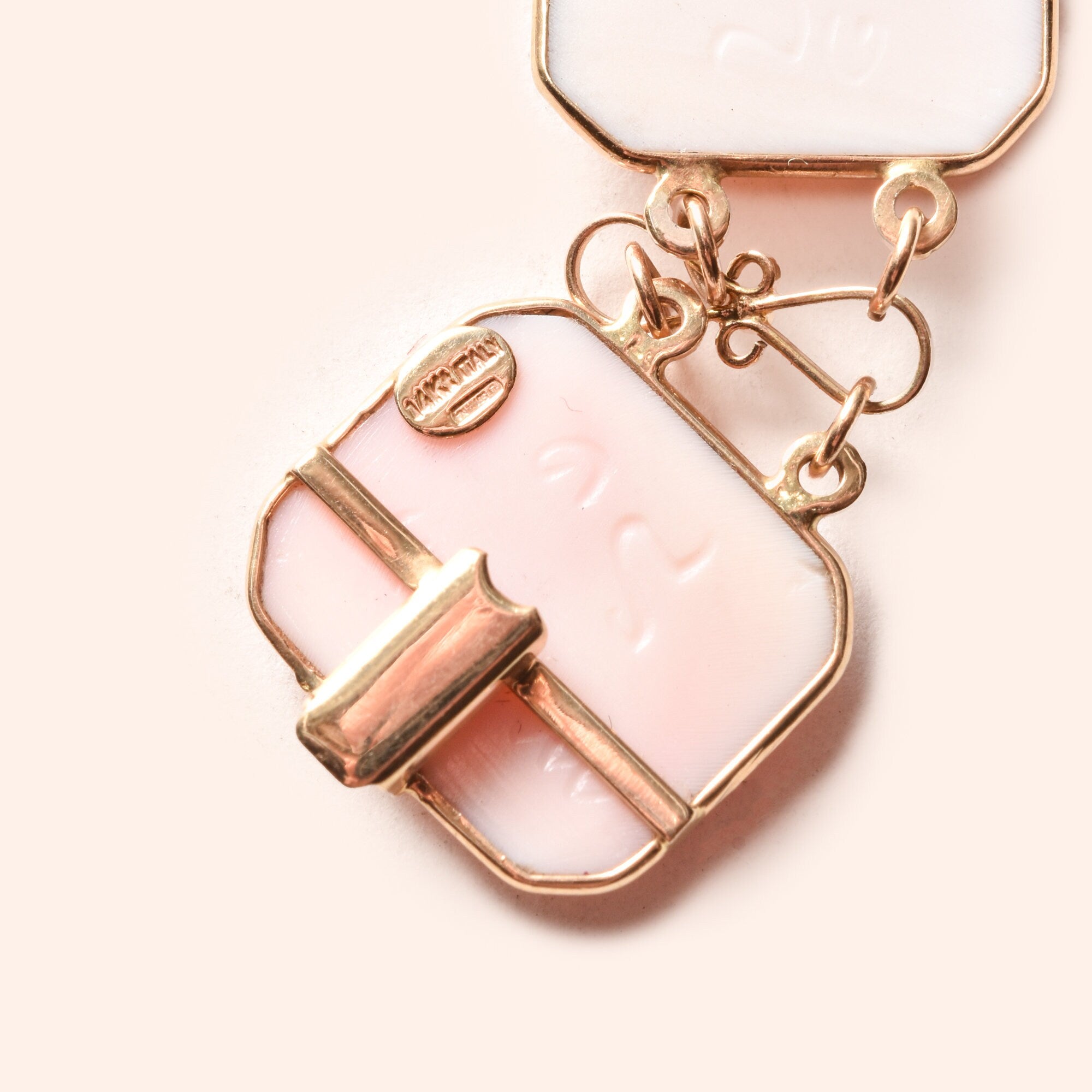 14K pink gold Italian cameo link bracelet by M+M Scognamiglio, estate jewelry piece measuring 7 1/4 inches long.
