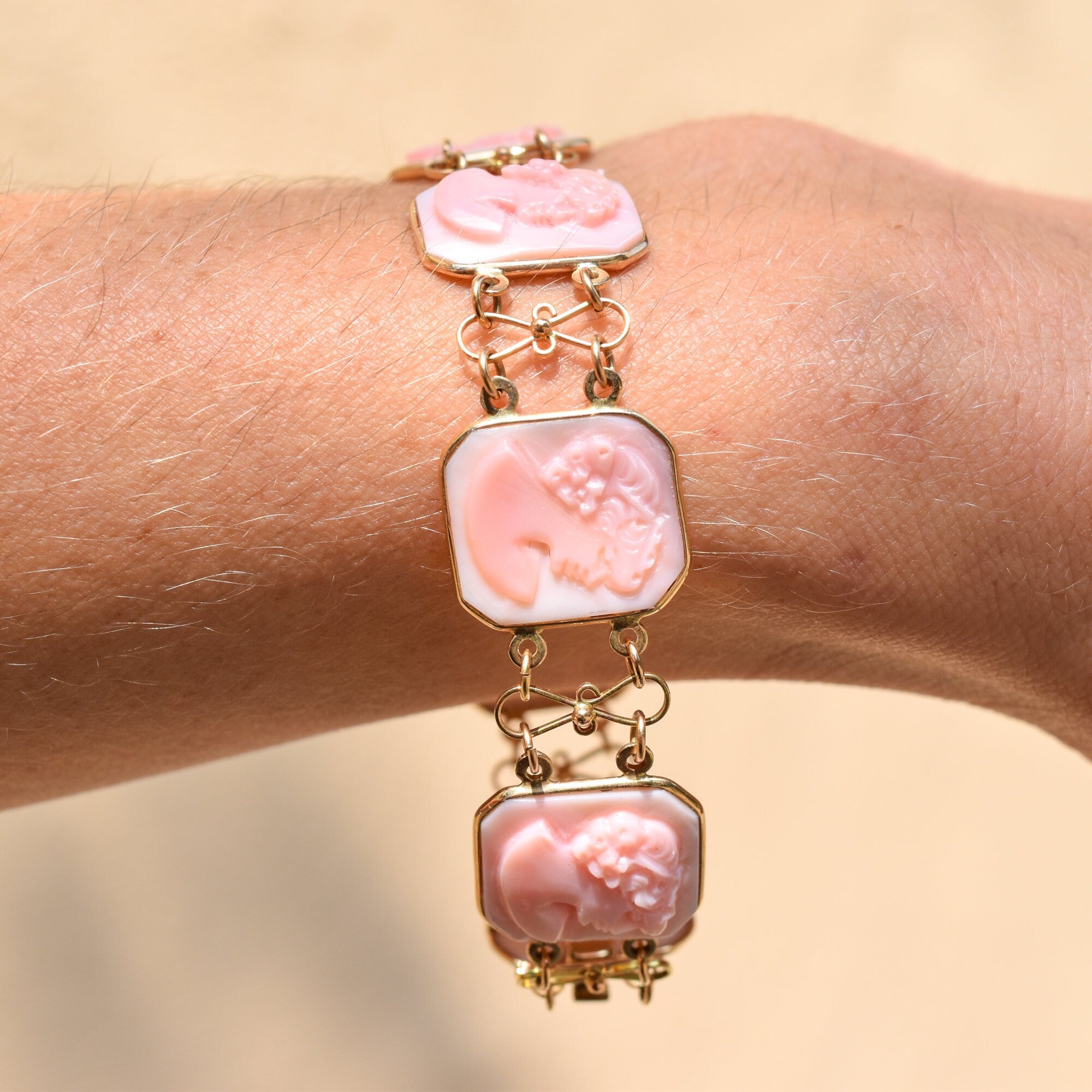 14K Italian pink gold cameo link bracelet with floral motif, signed by M+M SCOGNAMIGLIO, estate jewelry piece measuring 7 1/4 inches long.