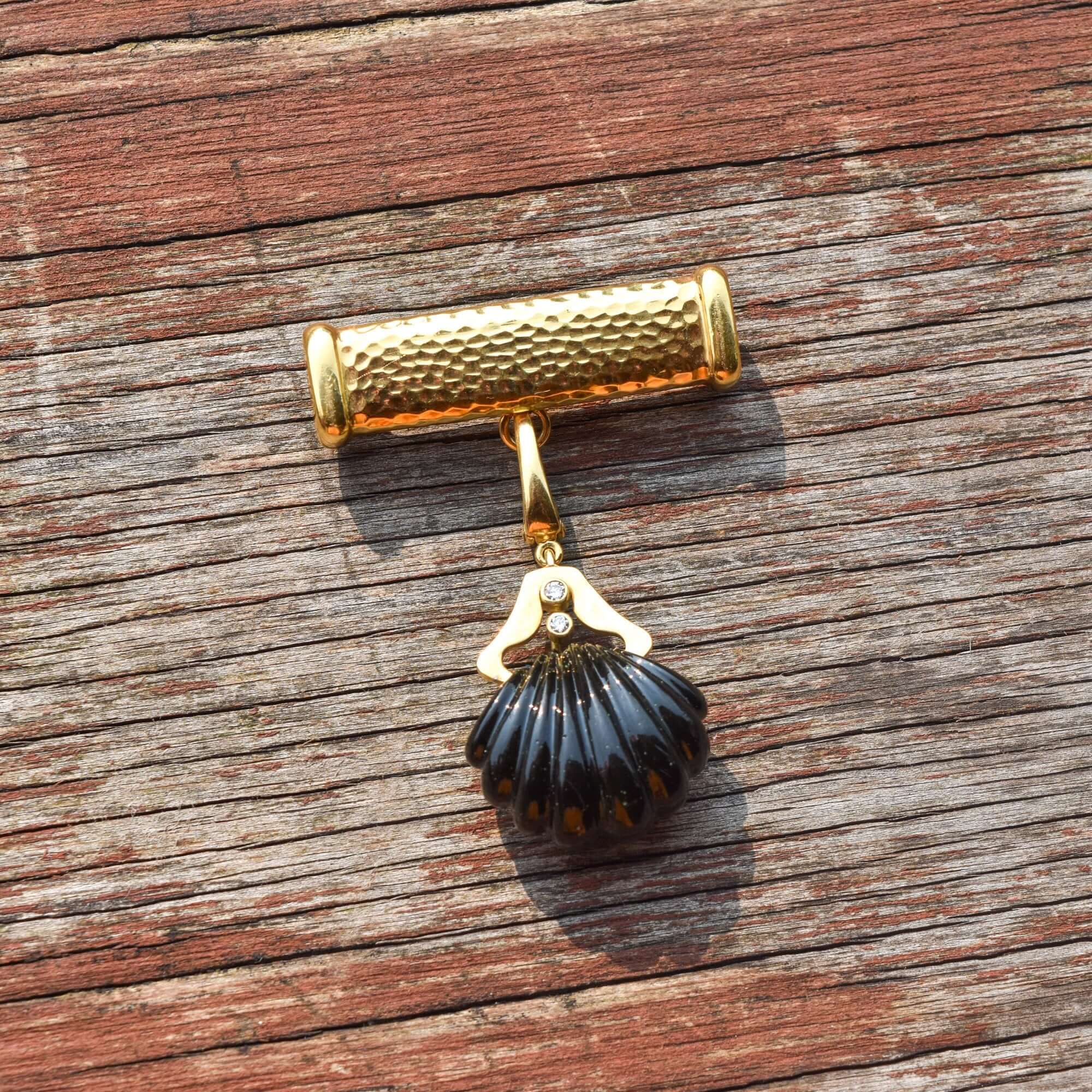 Andrew Clunn 18K Diamond Onyx Shell Dangle Brooch, Hammered Yellow Gold Bar Pin W/ Removable Pendant, 6cm