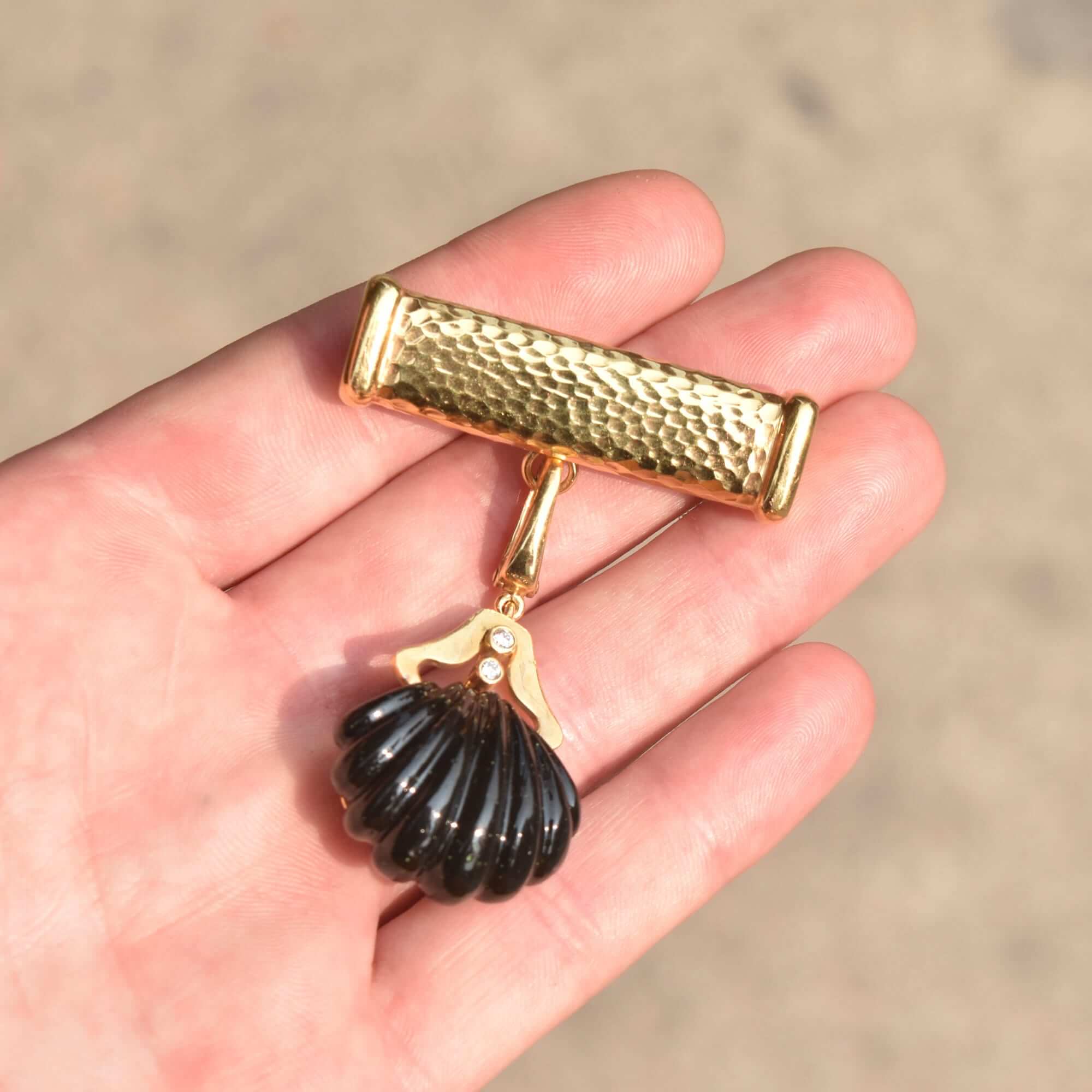 Andrew Clunn 18K Diamond Onyx Shell Dangle Brooch, Hammered Yellow Gold Bar Pin W/ Removable Pendant, 6cm