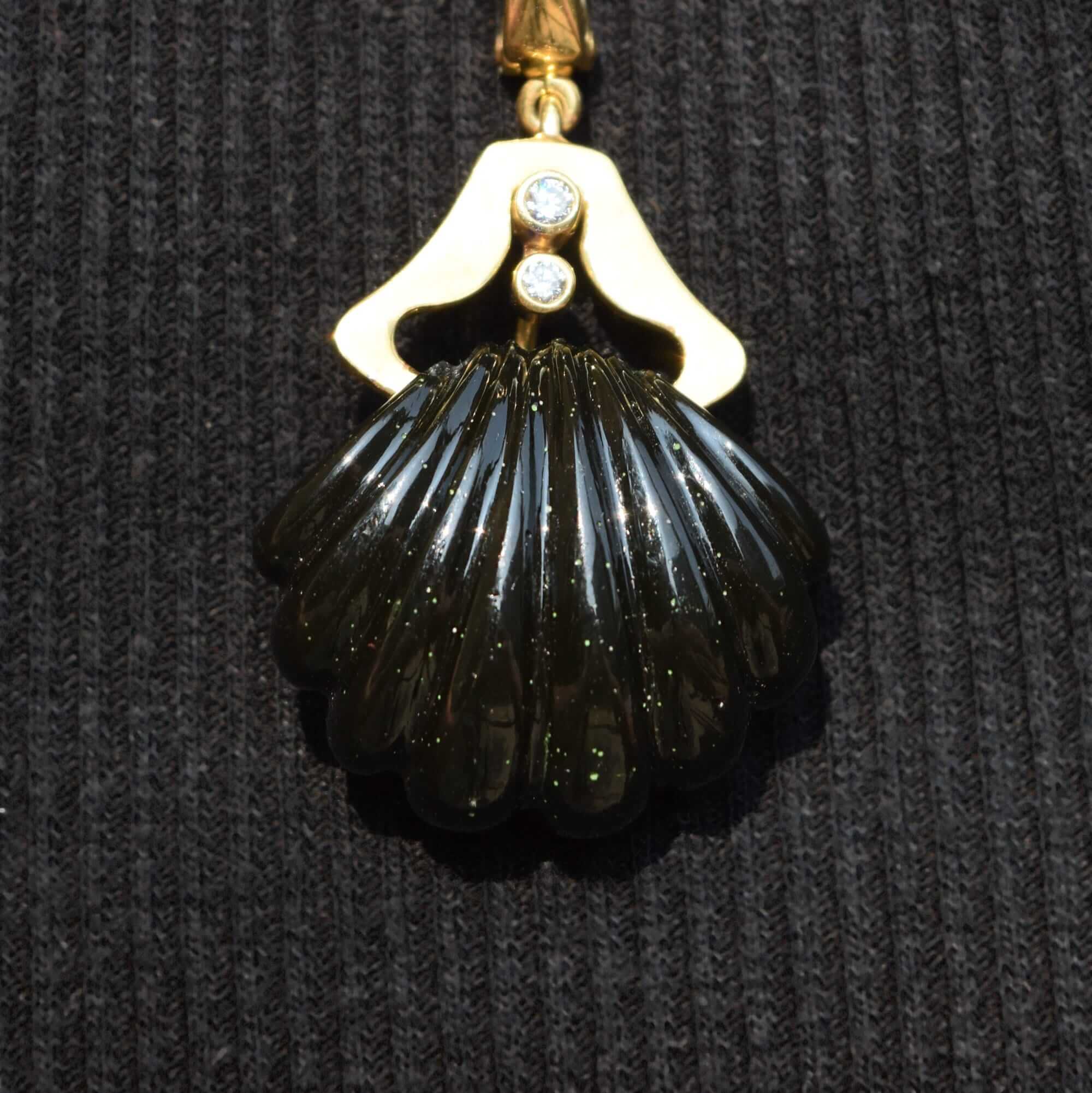 Andrew Clunn 18K Diamond Onyx Shell Dangle Brooch, Hammered Yellow Gold Bar Pin W/ Removable Pendant, 6cm