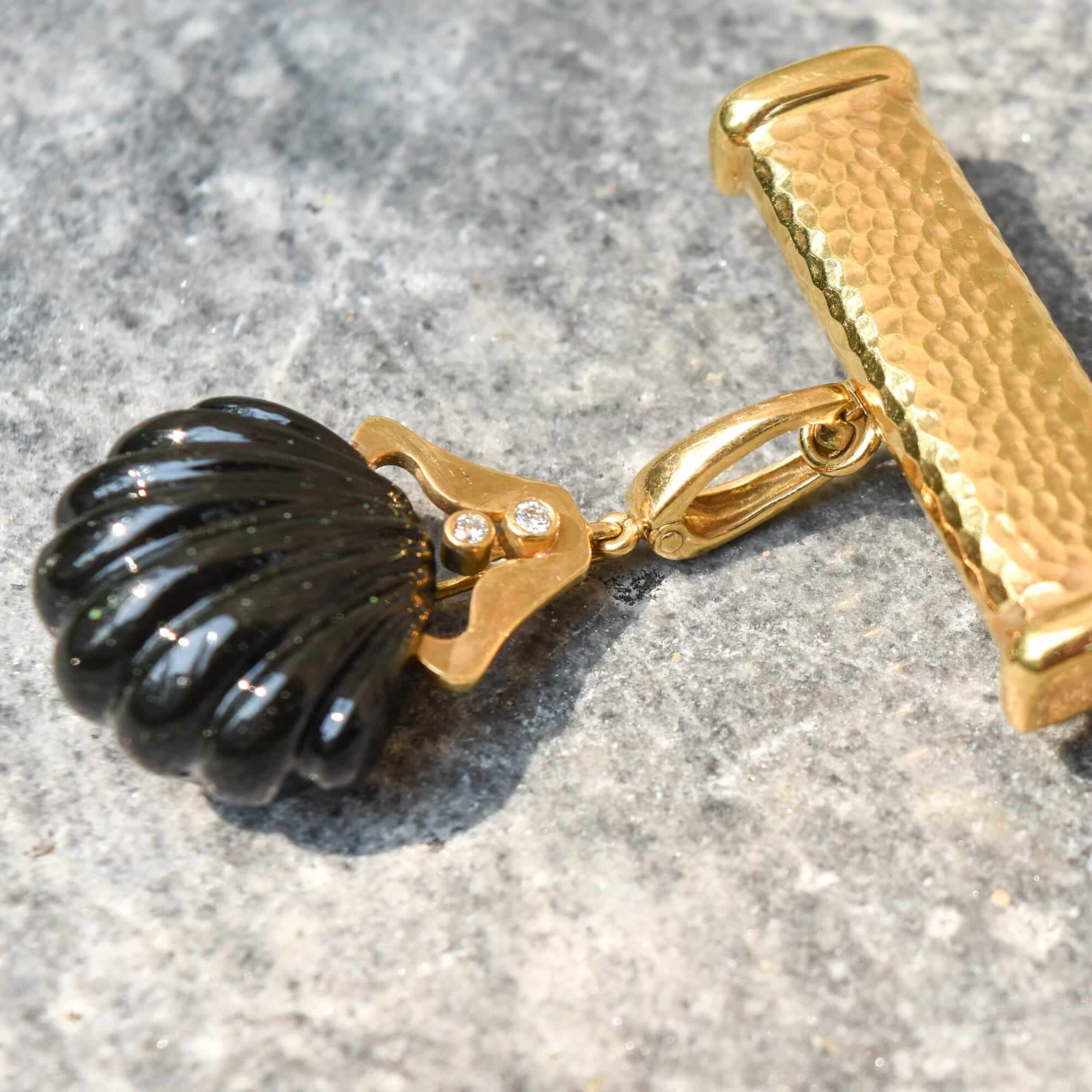 Andrew Clunn 18K Diamond Onyx Shell Dangle Brooch, Hammered Yellow Gold Bar Pin W/ Removable Pendant, 6cm