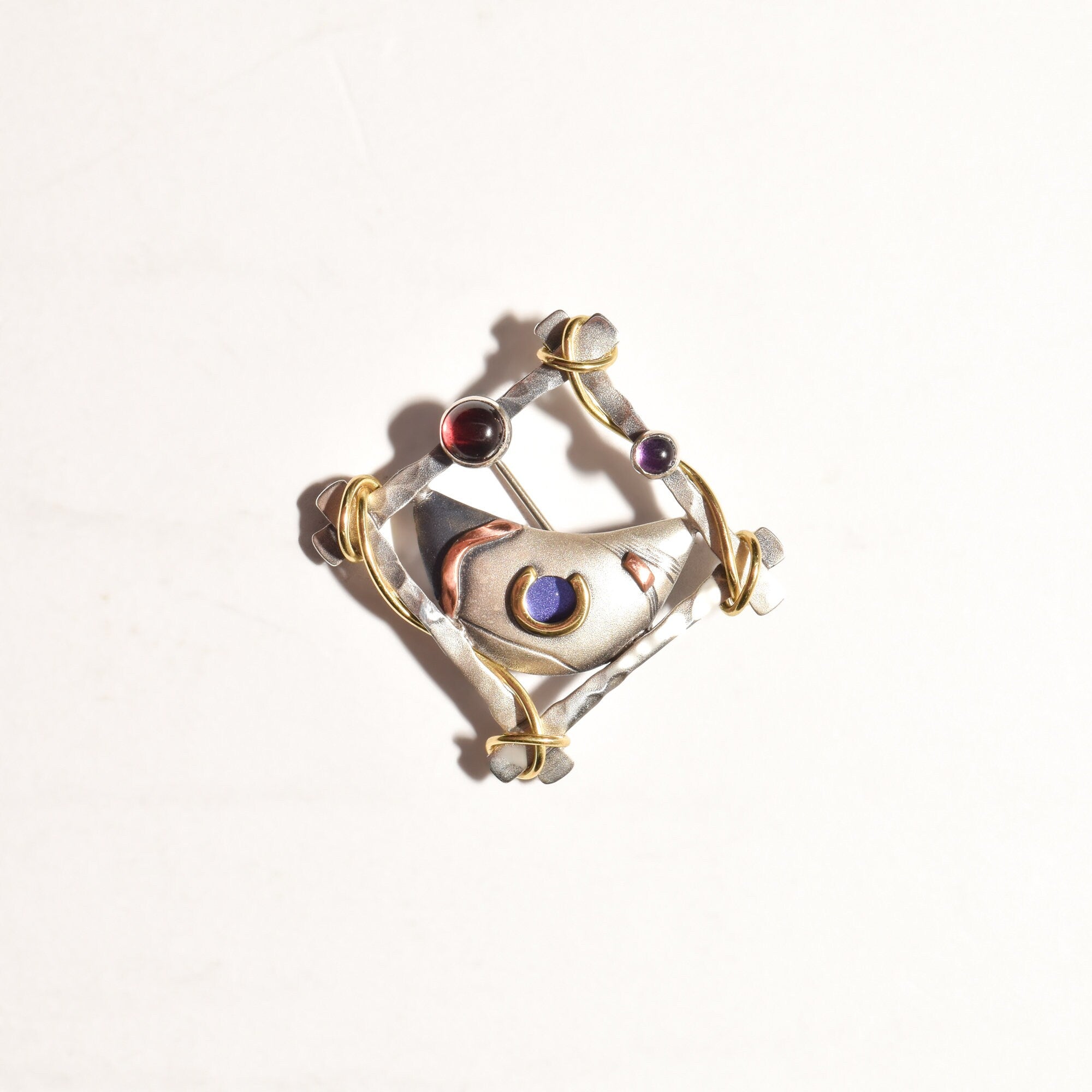 Signed Abstract Modernist Mixed-Media Brooch Pin, Brushed Silver, Gold & Copper Accents, Handmade Jewelry, 34mm