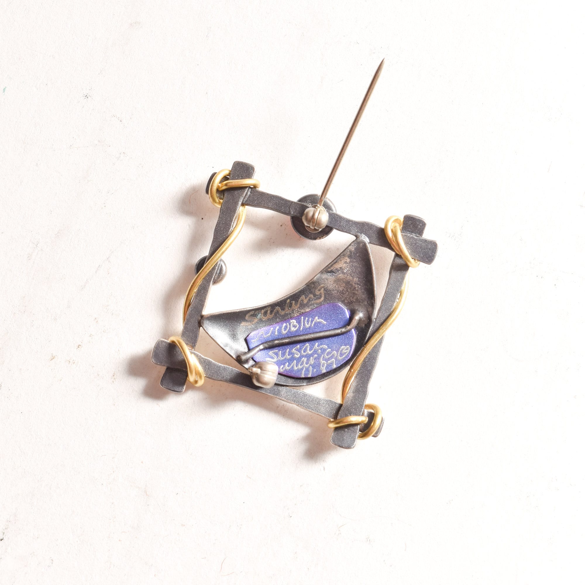 Signed Abstract Modernist Mixed-Media Brooch Pin, Brushed Silver, Gold & Copper Accents, Handmade Jewelry, 34mm