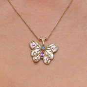 Mother Of Pearl Gemstone Butterfly Pendant In 14K Yellow Gold, Diamonds Accents, Estate Jewelry, 22mm